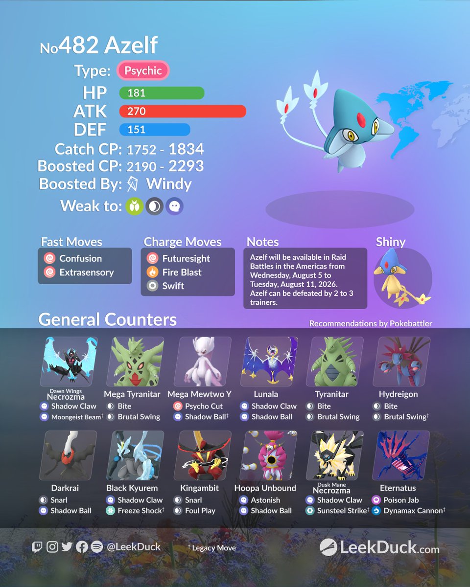 LeekDuck's tweet photo. Uxie, Mesprit, and Azelf return to 5-star raid battles from Wednesday, August 5, to Tuesday, August 11, 2026, at 10 am local time.

Join and host global raids with Raid NOW: 
🥊https://t.co/v6GqeqWsRl https://t.co/OooMNLX722