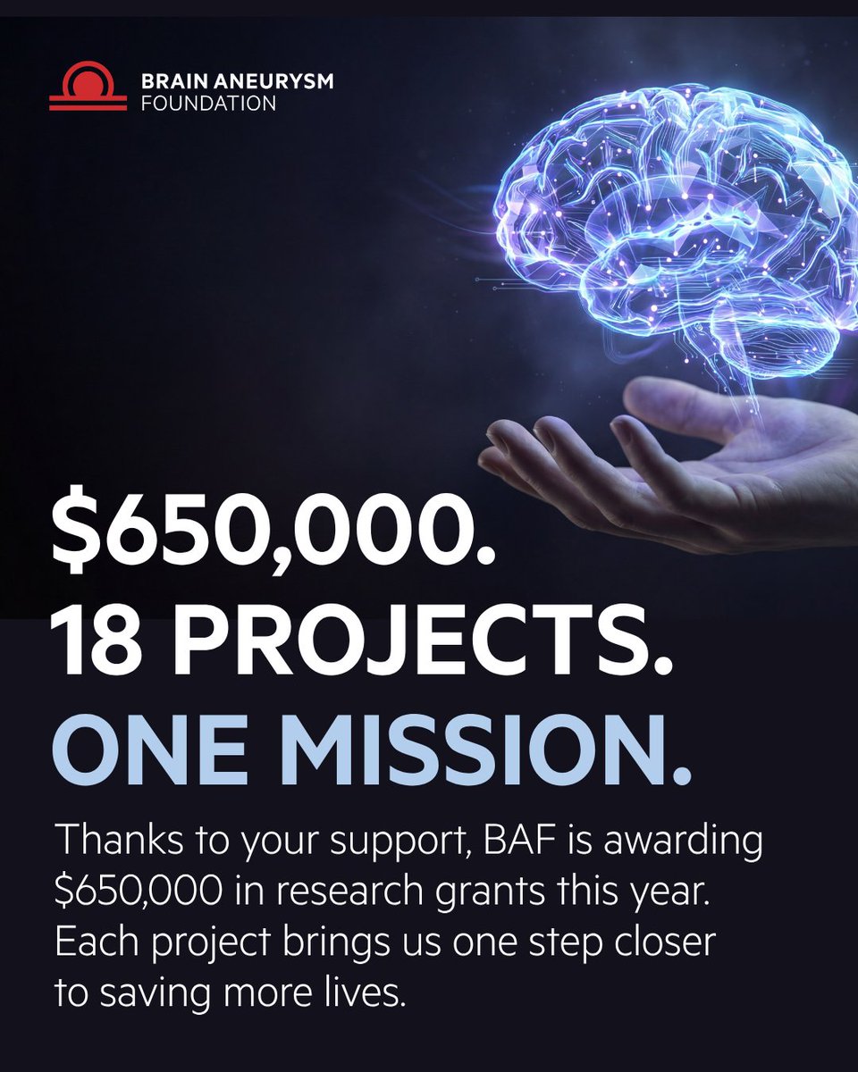 BAFOUND's tweet photo. A record $650,000. 18 projects. 20 years of funding brain aneurysm research.

This year's grants span genetics, AI, diagnostics &amp; new treatment strategies — advancing how we detect, assess risk, and treat brain aneurysms.

Meet the 2026 recipients: https://t.co/piFSV8HW5Z https://t.co/QJB3QMCpx4