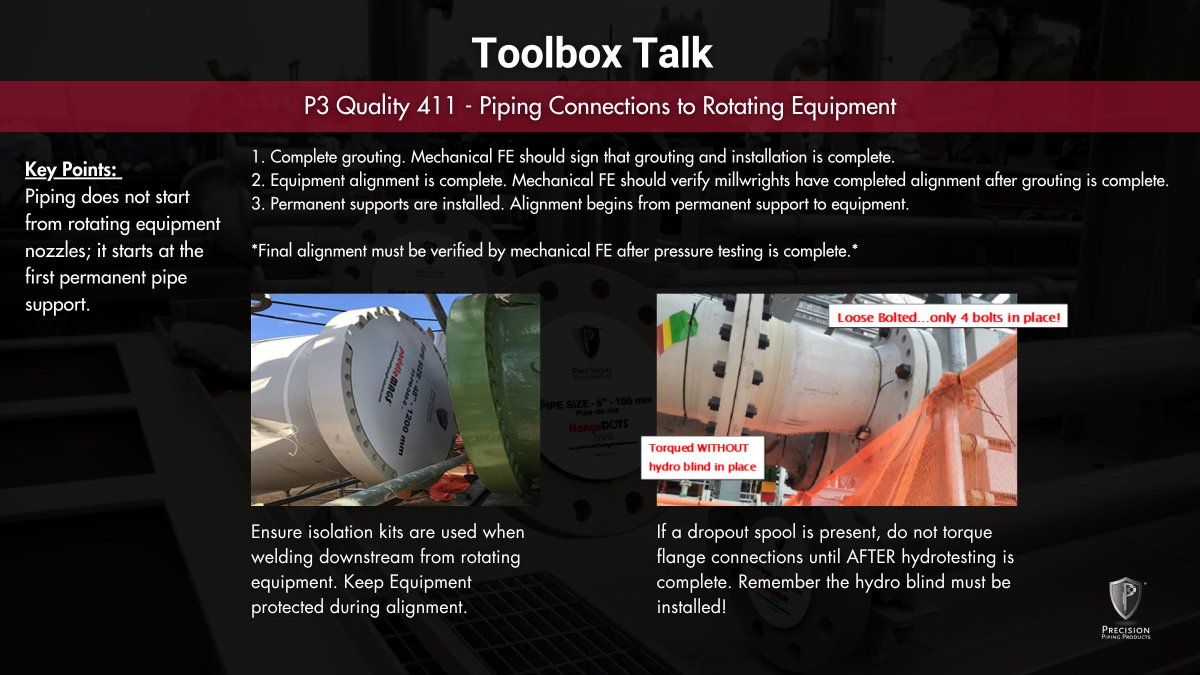 P3_Products's tweet photo. 🔧 #ToolboxTalkTuesday
When connecting piping to rotating equipment, remember: piping starts at the first permanent pipe support not at the equipment nozzle.
You can download more free Toolbox Talks on our website!
#ToolboxTalk #RotatingEquipment #Construction https://t.co/BIXJkoJFIa