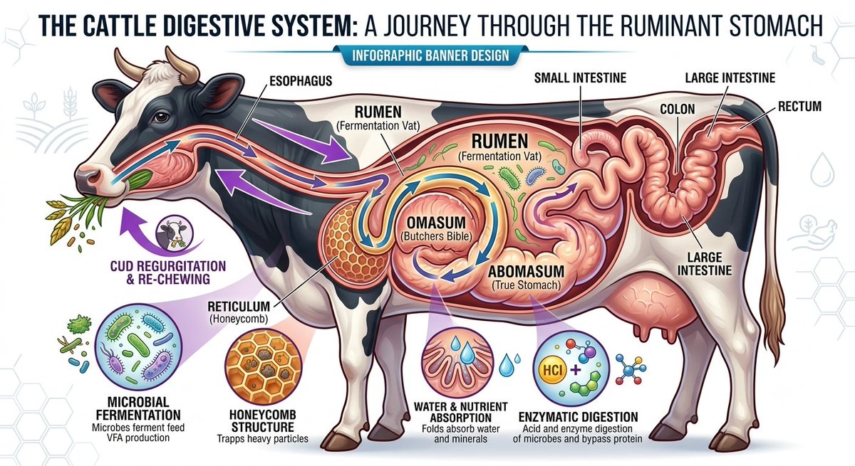 chapterlegacy_'s tweet photo. 🐄 HOW DOES A COW DIGEST GRASS?

Unlike humans, cows have a unique 4-compartment stomach that allows them to turn tough grass into energy and protein.

Here's how it works:

1️⃣ RUMEN
The largest compartment. Billions of microbes break down fiber from grass and produce nutrients.

2️⃣ RETICULUM
Works with the rumen to trap foreign objects and form "cud" for regurgitation.

3️⃣ OMASUM
Absorbs water, minerals, and nutrients from partially digested feed.

4️⃣ ABOMASUM
The "true stomach." Digestive acids and enzymes break down food just like in humans.

🔄 Cows chew grass, swallow it, regurgitate it as cud, chew it again, and then digest it fully.

This process allows ruminants to convert low-quality forage into high-quality milk and meat.

Understanding the digestive system helps farmers improve feeding programs, animal health, and productivity.

Follow for more practical livestock knowledge. 🌱🐄

#Agriculture #Livestock #DairyFarming #Cattle #FarmEducation #AnimalNutrition #AgriX #Farming