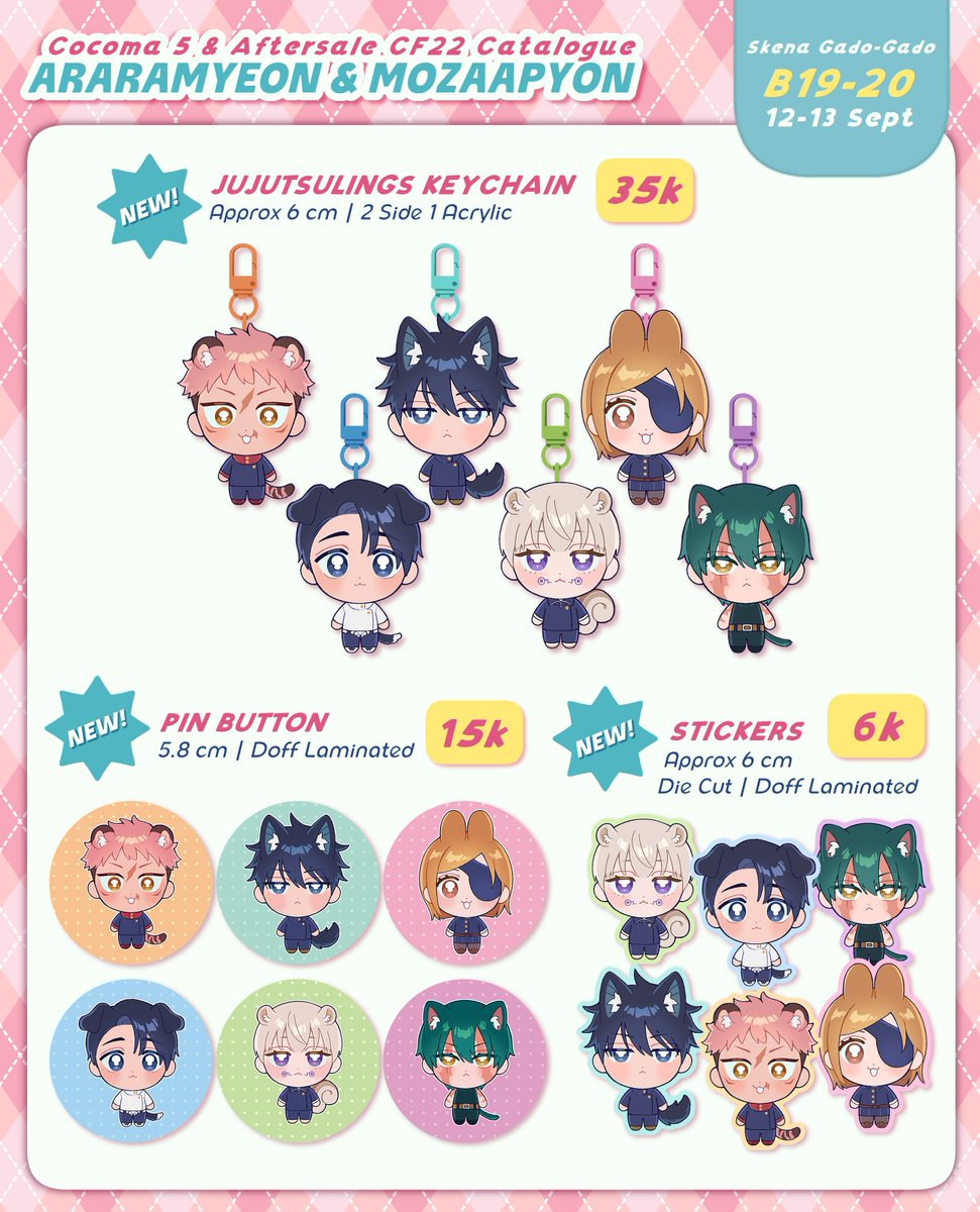 araramyeon's tweet photo. 💗🔄 appreciated
#COCOMA5 &amp; aftersale CF22 PO catalogue is here!

📆 4 - 11 Aug
📍 Skena Gado Gado (B19-20), 2 days
🍎 JJK, CSM, ALNST, WBK, Vocaloid, Sakadays
🌐 Intl GO DM first
🔗 Form link below ⬇️

#cocoma5catalogue https://t.co/NgL14fiUhZ