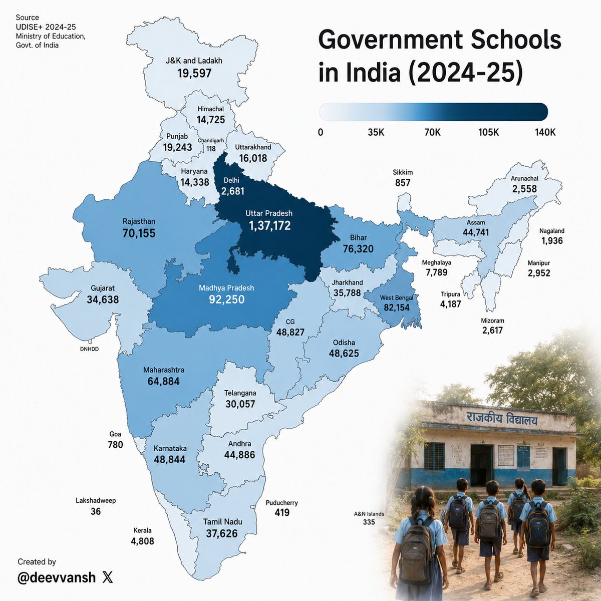 deevvansh's tweet photo. 🚨India closed 94,000 government schools in the past decade.

This map shows where the country's 10.13 lakh government schools are today. https://t.co/wGDa7p9AZa