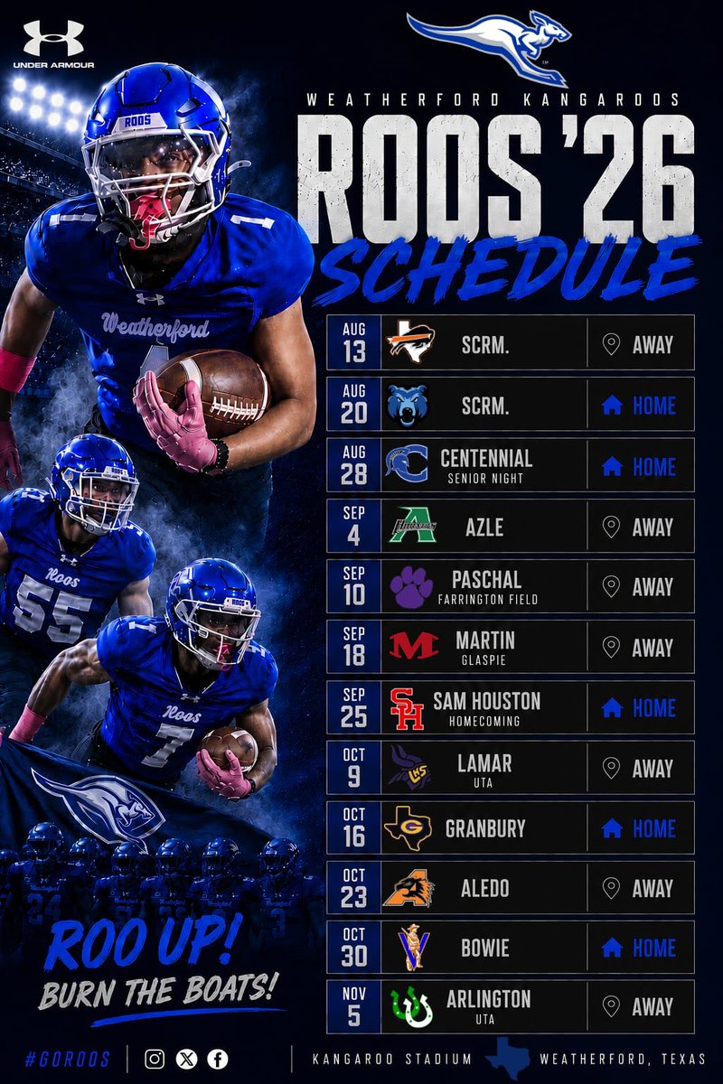 whsrooathletics's tweet photo. 🏈 Football season is almost here.

Here’s an updated look at the 2026 Weatherford Kangaroos football schedule.

Save it, share it, and we’ll see you on Friday nights.

🦘 #RooUp https://t.co/0snoos0sdw