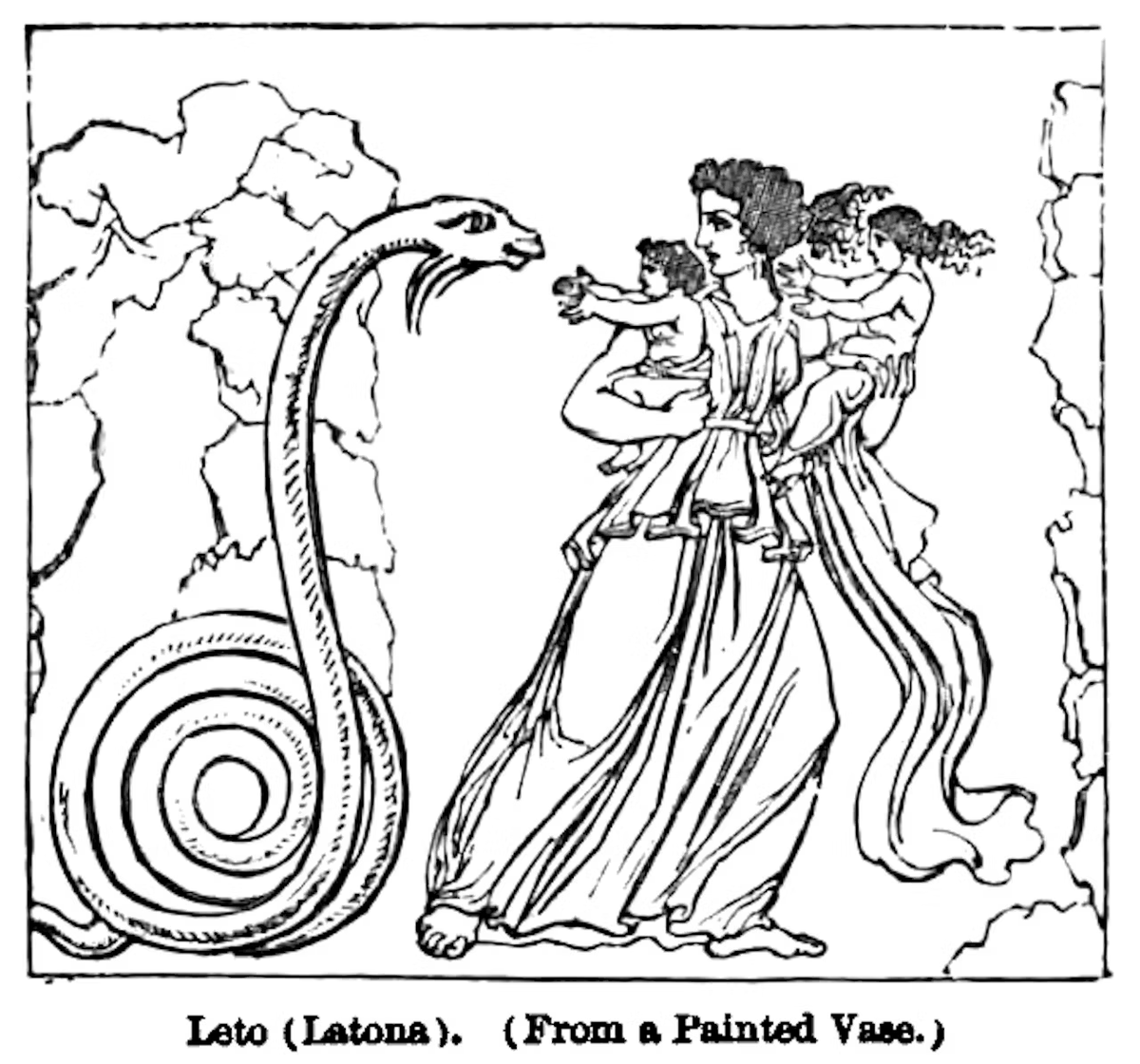 Drawing after a lost Apulian red figure amphora showing Leto with ...