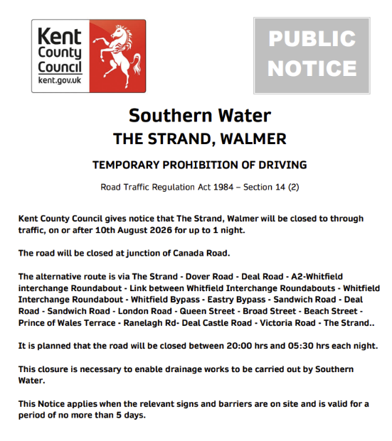 KentHighways's tweet photo. Walmer, The Strand: Road closed 10th August for 1 night (20:00-05:30) to allow for @SouthernWater drainage works: https://t.co/B71fDPSaPK https://t.co/3IPb99TusU