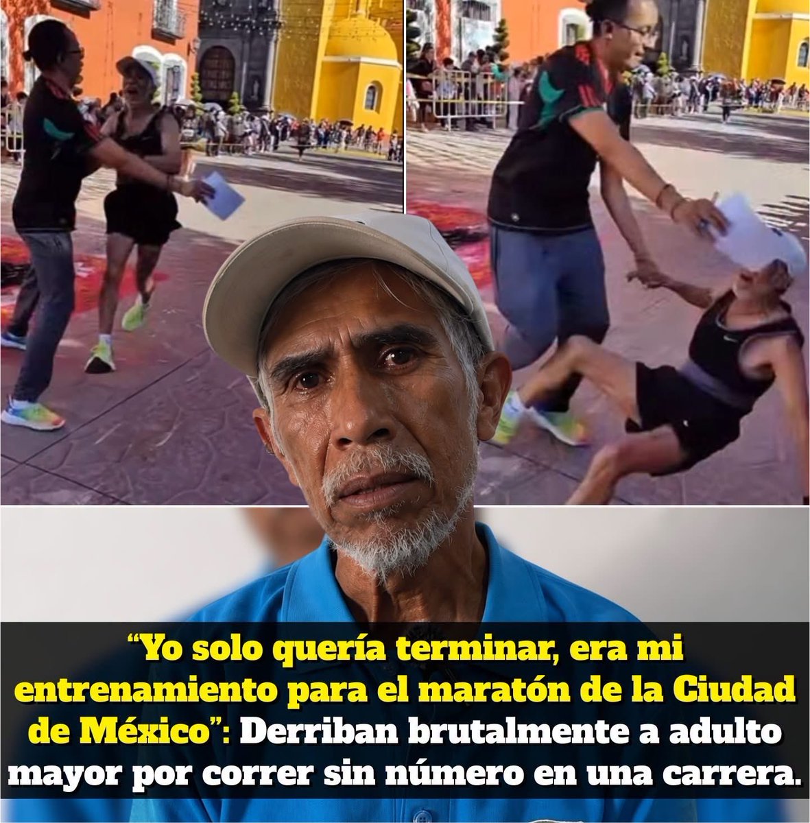 VigiaCiudadano7's tweet photo. 🏃‍♂️ Don José Julio Mendoza, corredor veterano con cerca de 45 años practicando atletismo, fue derribado cuando se encontraba a pocos metros de terminar la Carrera de los Colores, realizada en Huamantla, Tlaxcala.

El adulto mayor reconoció que no estaba inscrito. Explicó que intentó conseguir un folio, pero los lugares ya se habían agotado. Aun así, decidió recorrer la ruta sin número, consciente de que no recibiría premio, como parte de su preparación deportiva.

En el video se observa cómo un hombre relacionado con la organización se coloca frente a él para impedirle avanzar. En lugar de hablar con el corredor o retirarlo de forma segura, el contacto provoca que don José termine en el pavimento.

Después de la caída, el hombre no parece acercarse inmediatamente para auxiliarlo. Fueron otras personas quienes reclamaron lo ocurrido y ayudaron al adulto mayor a levantarse.

Don José aseguró que tuvo que recibir atención médica y pagar los gastos derivados de la caída. Por ello, lanzó una petición directa al hombre involucrado:

🗣️ “Yo le pido al jovenazo que pague los gastos del servicio médico que acabo de pagar”.

El corredor también explicó que sabía que, al no estar inscrito, no tenía derecho a recibir premio ni reconocimiento oficial. Su intención era completar el recorrido, no quedarse con algo que correspondiera a los participantes registrados.

Sí, don José corrió sin número y no respetó las condiciones de participación. Pero ninguna inscripción agotada ni ningún reglamento justificaban bloquear a un adulto mayor mientras estaba en movimiento y poner en riesgo su integridad.

Podían hablar con él, retirarlo antes, impedir que recibiera una medalla o simplemente dejar claro que su resultado no sería reconocido. Lo que no era necesario era atravesársele y provocar que terminara lesionado.

¿Consideras que el hombre actuó correctamente por hacer respetar las reglas o que se excedió por completo al detenerlo de esa manera?
#Tlaxcala #polemica #anciano #triste