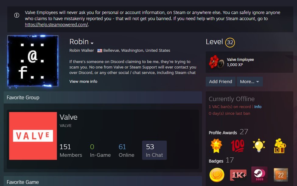 Rensorcs's tweet photo. One of the Valve employees called Robin just got VAC banned 😭 https://t.co/CTw8PcbL8n