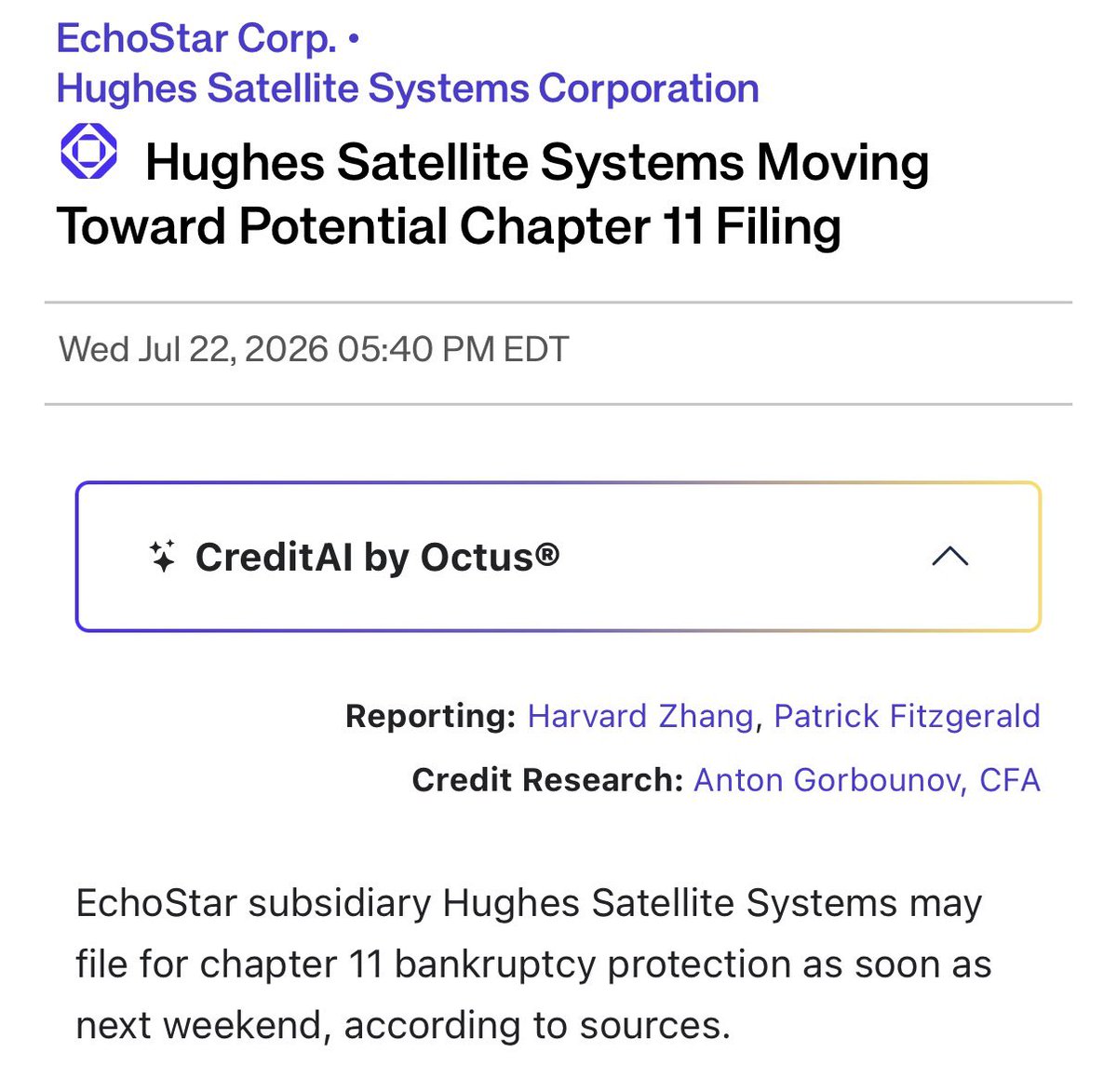 PFitzNews's tweet photo. Hughes Satellite Systems filed for Ch 11 bankruptcy protection on August 2nd, as expected - @harvardzhang had the scoop for @OctusCredit on July 22nd that the company was preparing to file, citing sources. https://t.co/LE010KqGJL