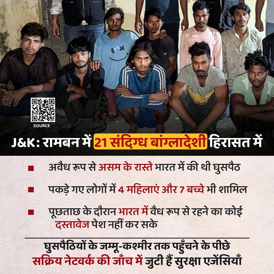 vskmalwa's tweet photo. जम्मू-कश्मीर के रामबन में 21 बांग्लादेशी घुसपैठिए गिरफ्तार, असम के रास्ते घुसे थे भारत, मददगारों की तलाश में जुटीं सुरक्षा एजेंसियां #vskmalwa https://t.co/93I8ANTjZM