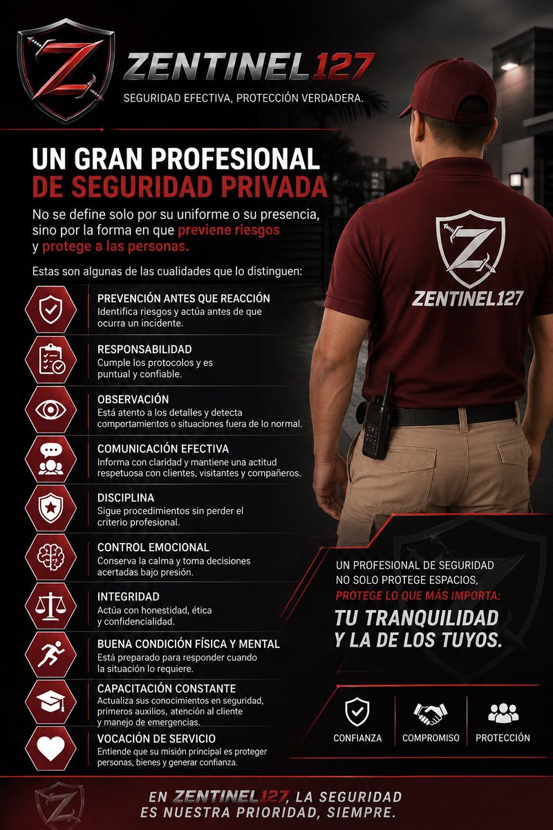 Zentinel127's tweet photo. ¿Qué distingue a un gran profesional de la seguridad privada?

No es solo el uniforme que porta, sino la responsabilidad con la que protege a las personas, el patrimonio y la tranquilidad de quienes confían en él.

#Zentinel127 #SeguridadPrivada #SeguridadIntegral #Prevención https://t.co/HWzr9rqQiK