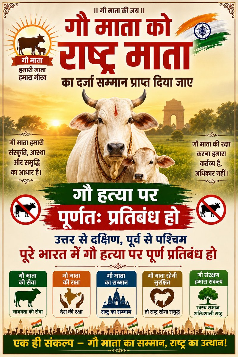 Themukesharma's tweet photo. #गौमाता_राष्ट्रमाता
गौमाता राष्ट्रमाता 
गौहत्या पूर्णतः बंद हो 
#गौमाता_राष्ट्रमाता
#gausamman
मोदी जी नमस्कार विनम्र निवेदन है कि गौ माता को राष्ट्र माता घोषित करें, गौ माता की हत्या बंद हो। भारत का संपूर्ण हिंदू आपके साथ है
@PMOIndia  @narendramodi @Themukesharma . . Ys https://t.co/EChsAafFg9