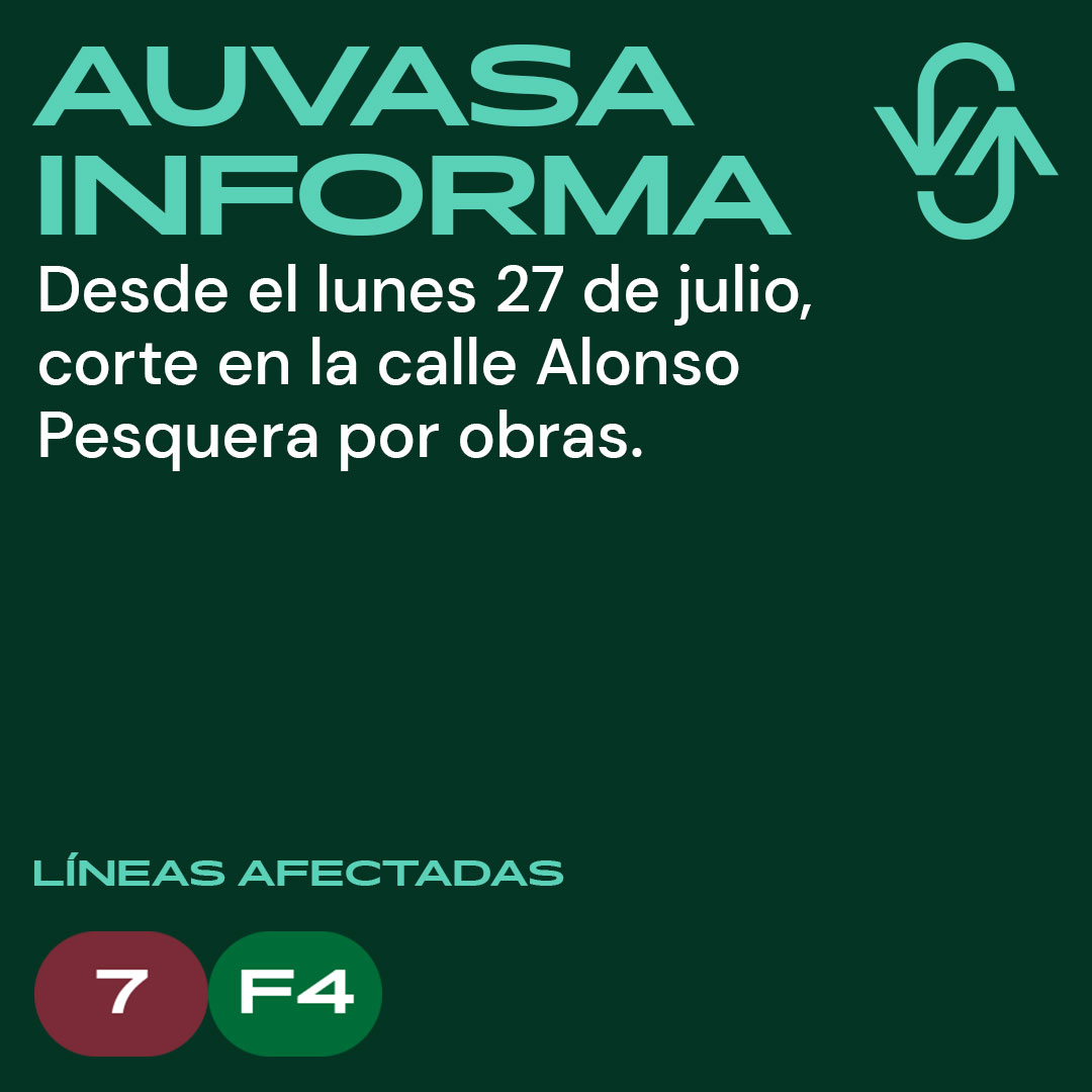 AuvasaVLL's tweet photo. ⛔ Se mantiene cortada la #CalleAlonsoPesquera por obras

🚌 Líneas afectadas: 7 y F4

❌🚏 Calle Alonso Pesquera 5 esq. Fidel Recio
✅🚏 Más cercanas: Calle Labradores 1 o Plaza Santa Cruz

🚧 Más información en las imágenes: https://t.co/m2D0RKcylP