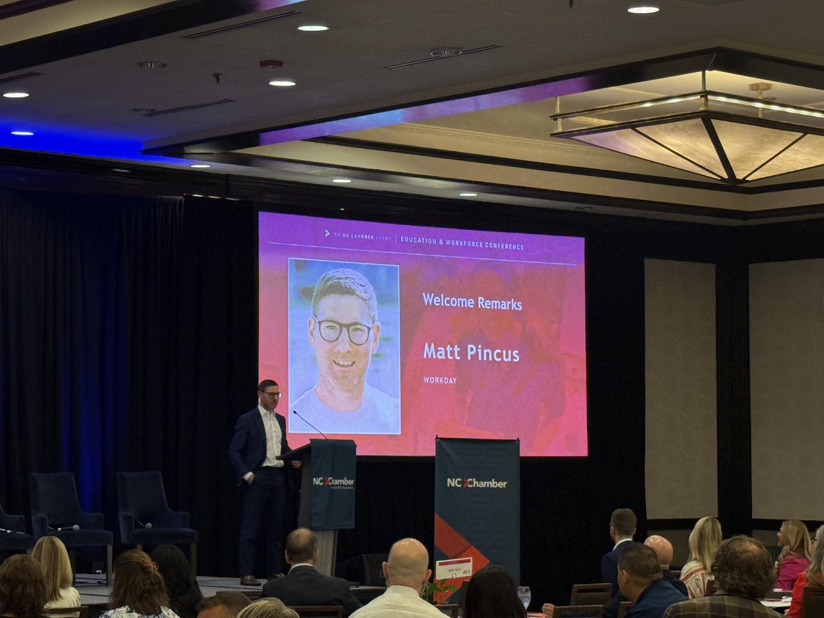 NCChamber's tweet photo. We're live at the @NCChamber's 2026 Education & Workforce Conference! Leah Carper of @GCSChoolsNC and Matt Pincus of @Workday open the event. #WorkReadyNC https://t.co/69wroOCcna