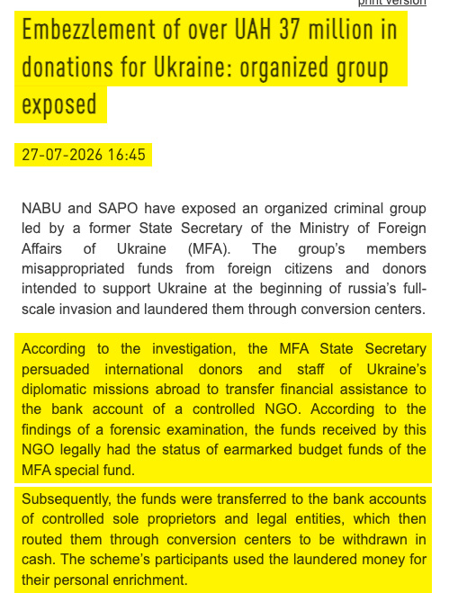 WiretapMediaCa's tweet photo. 💥On July 7, 2026, after Carney pledged another $900 million of your money to Ukraine, we predicted another embezzlement scheme.

Weeks later: A former Foreign Ministry State Secretary and his crew got caught diverting foreign donations into a controlled NGO, then laundering over 37 million hryvnias into cash.

National Guard officials ran a scheme that inflated a warehouse purchase by 143 million hryvnias — total theft over 150 million — and spent the proceeds on luxury cars, apartments, and property.

Both Canadian parties still offer “unwavering support.”

Rinse. And. Repeat.