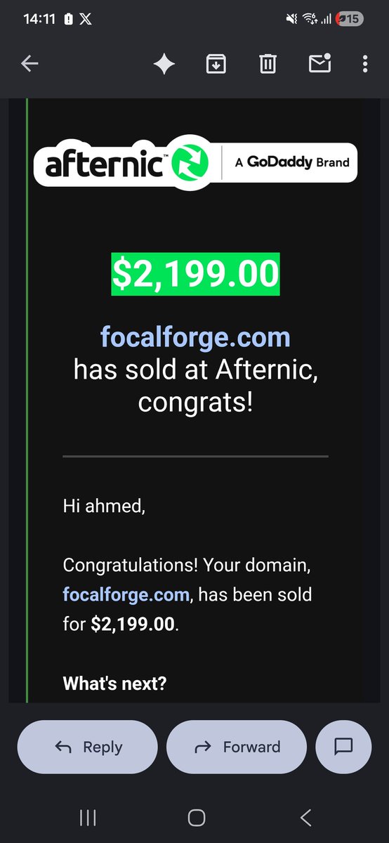 eslimanyx's tweet photo. FocalForge*com just sold.

Picked it up at a @Dynadot auction for $17 and sold it just 2 weeks later. 
It was listed on Atom Premium, but the buyer came through @afternic .

Thanks to @KehelAyyoub https://t.co/TFQ1jHuqAG