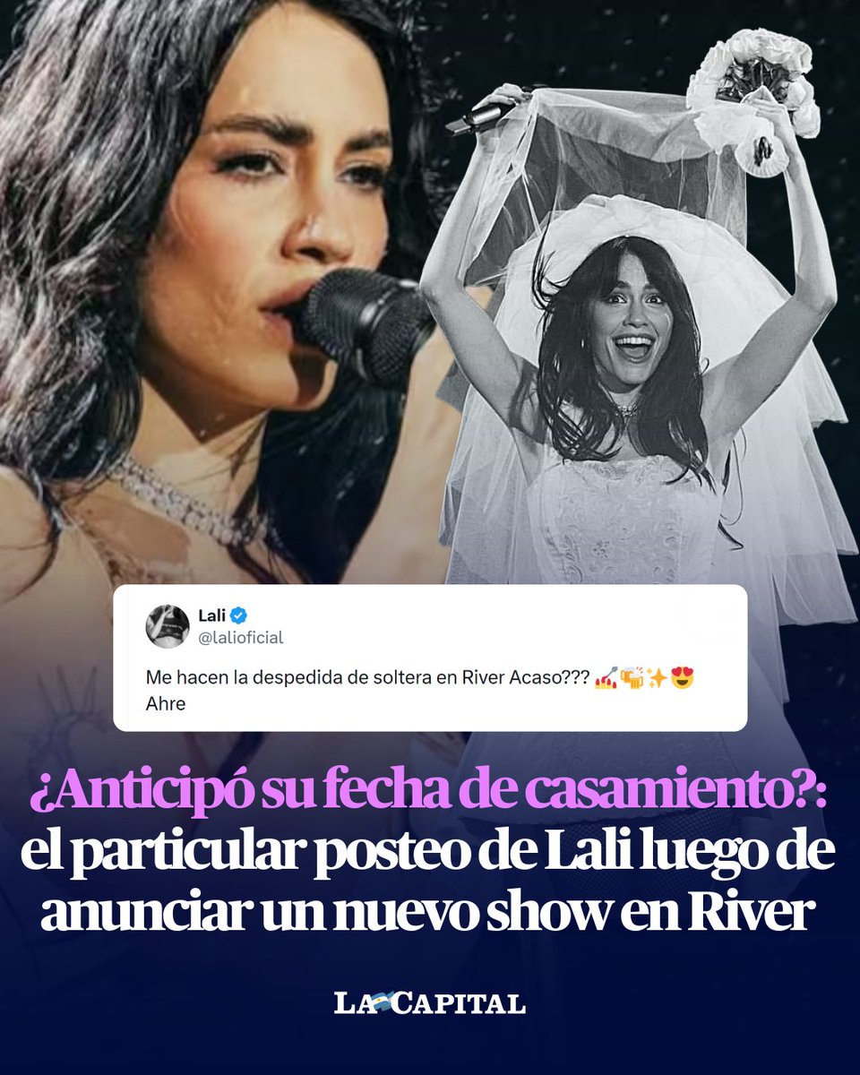 lacapital's tweet photo. 👰🏻‍♀️🍷 LA DESPEDIDA DE SOLTERA ES EN EL MONUMENTAL

Lali Espósito anunció ayer por la tarde su tercer show en River. El mismo tendrá lugar el 26 de septiembre, y un comentario de la cantante puso en alerta a sus seguidoras y seguidores. Lali aseguró que en River podrían hacer su despedida de soltera, dando a entender que antes de fin de año se casará con Pedro Rosemblat.