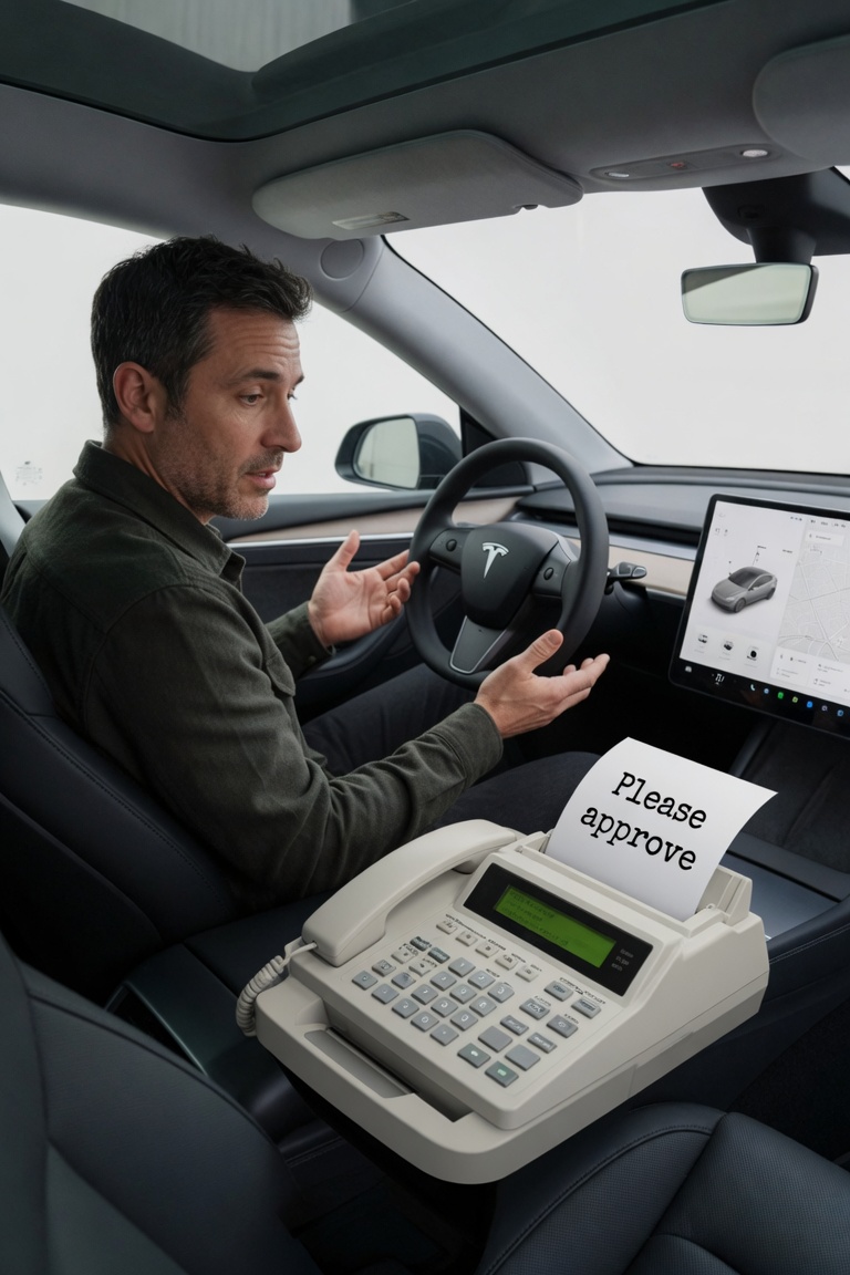 tpgoebel's tweet photo. BREAKING: Auf der Basis der neuen UNECE-Regeln wird Tesla wird eine spezielle Version des Self-Driving Systems für Frankreich, Schweden, und Deutschland rausbringen. Der Name: F.S.D.

Hierfür wird auch ein Hardware-Upgrade nötig sein: 3 Sekunden vor jedem geplanten Spurwechsel wird ein Fax an Ursula geschickt, mit Bitte um Genehmigung. Trifft diese nicht rechtzeitig ein, … [bitte vervollständigen]