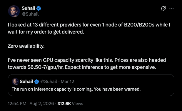 KyleReidhead's tweet photo. This might be the most bullish signal for compute stocks I've seen all year (Save This)

Suhail (founder of Mixpanel and Playground AI) just tried to rent ONE node of Nvidia B200s.

He went to 13 different providers: 0 availability

Let me explain why this matters:

1. Every GPU is already rented. When supply is sold out, prices rise. And when prices rise, every deployed GPU on earth becomes more profitable overnight

2. This is INFERENCE demand, not training. Training is a project that ends. Inference is a subscription that scales with every new user, agent and app. It never stops

3. Cheaper models were supposed to kill compute demand. Instead usage exploded so fast that the world ran out of capacity (this is the part Wall Street still doesn't get)

So who wins?

$NVDA sells every chip it can make, and the scarcity IS the product

Neoclouds ($CRWV, $NBIS) with capacity already in the ground get pricing power AND full utilization at the same time

Memory ($MU), because every one of these GPUs ships stuffed with HBM

And power/datacenter infra, because that's where the bottleneck moves next

Scarcity like this doesn't resolve in a quarter. It takes years of buildout, which is exactly why hyperscaler capex estimates keep getting revised HIGHER every single earnings season

Milk Road PRO analyst portfolios are positioned across the whole compute stack. You can track our 5 analysts' real-time portfolios, research and live trade alerts inside Milk Road PRO and it only costs $1 to try it (there's literally no risk), link in bio to join

We are going MUCH HIGHER!