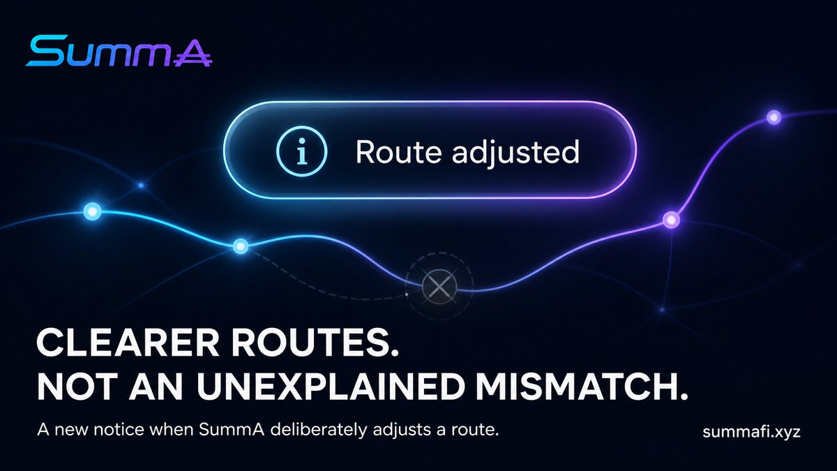 SummA_fi's tweet photo. Why can a SummA route differ from a provider’s own interface?

If part of a route has a confirmed execution issue, SummA may request an alternative. We label it Route adjusted. Tap ⓘ for why.

A deliberate adjustment should never look unexplained.
https://t.co/ir9EYZ61WJ https://t.co/0qDBsJFsIg