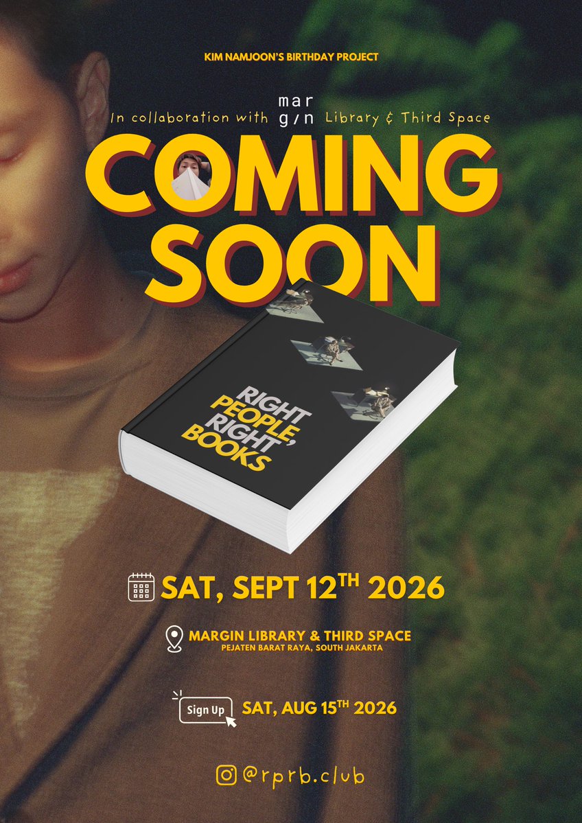 miniscalico's tweet photo. 𝙍𝙄𝙂𝙃𝙏 𝙋𝙀𝙊𝙋𝙇𝙀 𝙍𝙄𝙂𝙃𝙏 𝘽𝙊𝙊𝙆𝙎

A Kim Namjoon’s birthday project from RPRB Club in collaboration with Margin Library &amp; Third Space

Registration: Saturday, August 15th 2026

Save the date! Your book club will be in session 🔜 

@namginity @zerooclockyk @moleslates https://t.co/kyfwToCBml
