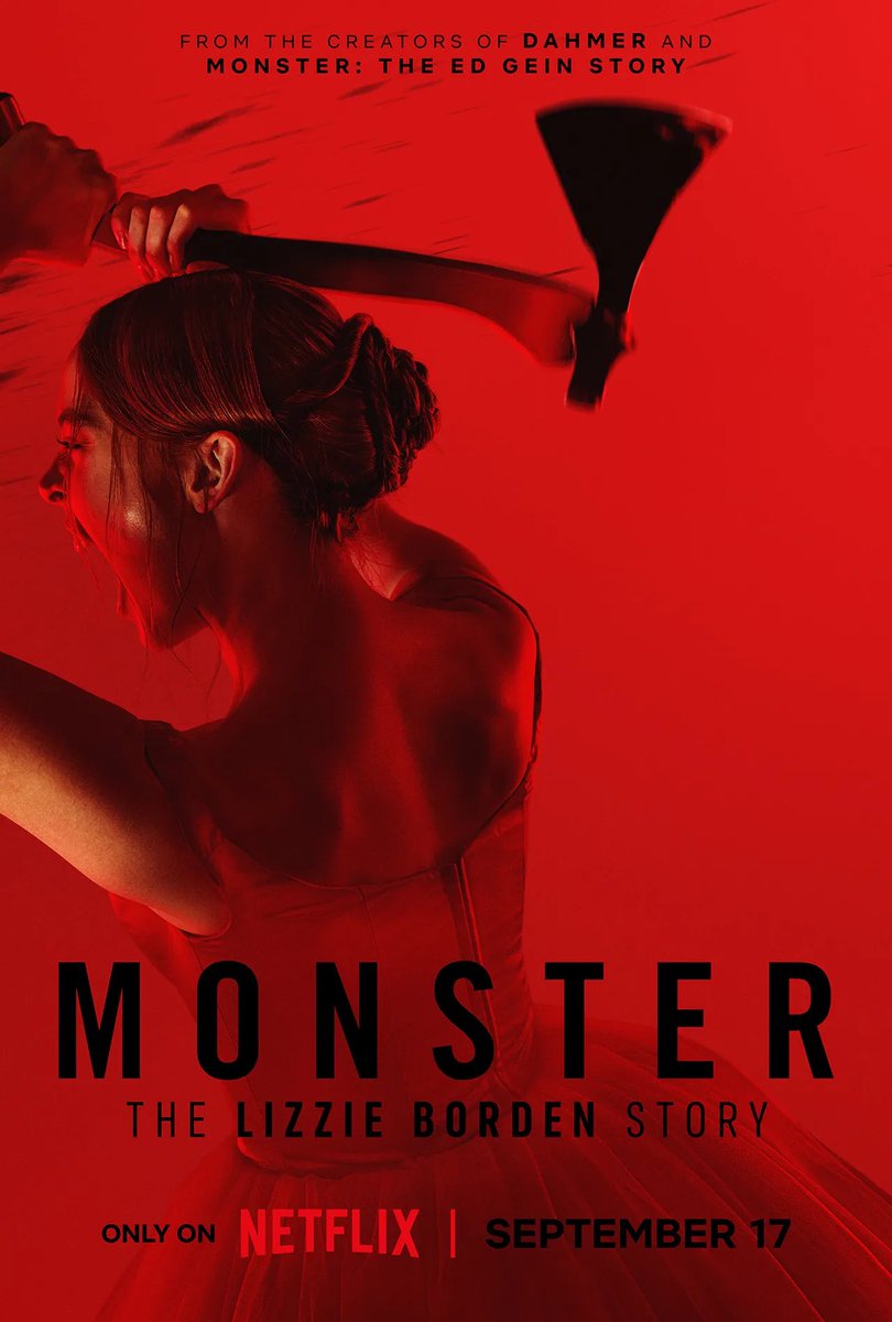 DiscussingFilm's tweet photo. First poster for Ryan Murphy's ‘MONSTER: THE LIZZIE BORDEN STORY’.

The series follows Lizzie Borden who was accused of murdering her father &amp; stepmother with an axe inside the family home.

Releasing September 17 on Netflix. https://t.co/OM4TXzOikS