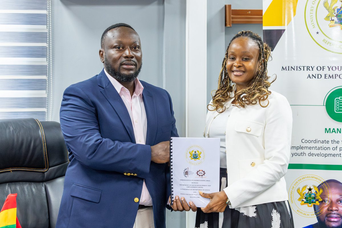 georgeoaddo's tweet photo. A few minutes ago, the @mydeghana signed landmark Memoranda of Understanding (MoUs) with the Design and Technology Institute (DTI) and the Christian Council of Ghana, establishing strategic partnerships to advance youth skills development, employment, entrepreneurship, values-based leadership, and labour mobility in Ghana.

The MoU with DTI focuses on industry-driven skills training and employability, while the partnership with the Christian Council of Ghana leverages the Council's nationwide reach to promote volunteerism, national values, responsible digital citizenship, substance abuse prevention, and psychosocial support for young people.

This collaboration will enable more young Ghanaians to access high-quality, industry-driven skills training, thereby improving their employability and supporting entrepreneurship. It will also create inclusive opportunities for women, persons with disabilities, vulnerable youth, and underserved communities, offering pathways to both local and international employment.

With the Ministry leading policy initiatives and our partners focusing on technical implementation, workforce development, and values-driven youth engagement, these partnerships demonstrate our shared commitment to unlocking the vast potential of Ghana's youth and building a more skilled, principled, and globally competitive workforce. #YouthPower #JobsForYoungPeople #DTI