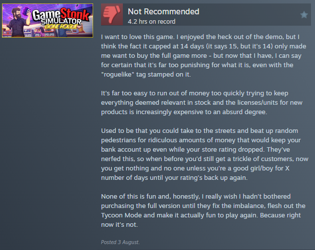 punkosy's tweet photo. My honest review of the full game. #GamestonkSim https://t.co/67Z9ARlQmo