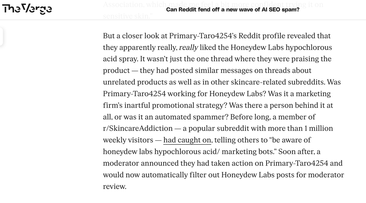 MiaRSato's tweet photo. Reddit is one of the most important websites on earth. AI is citing it at high rates. Users seek it out. And brands and marketers know this.

I wrote about the skincare brands, record labels, and weight loss apps trying to blend in with users to get seen by people — and AI. https://t.co/4rO0sNwEm3