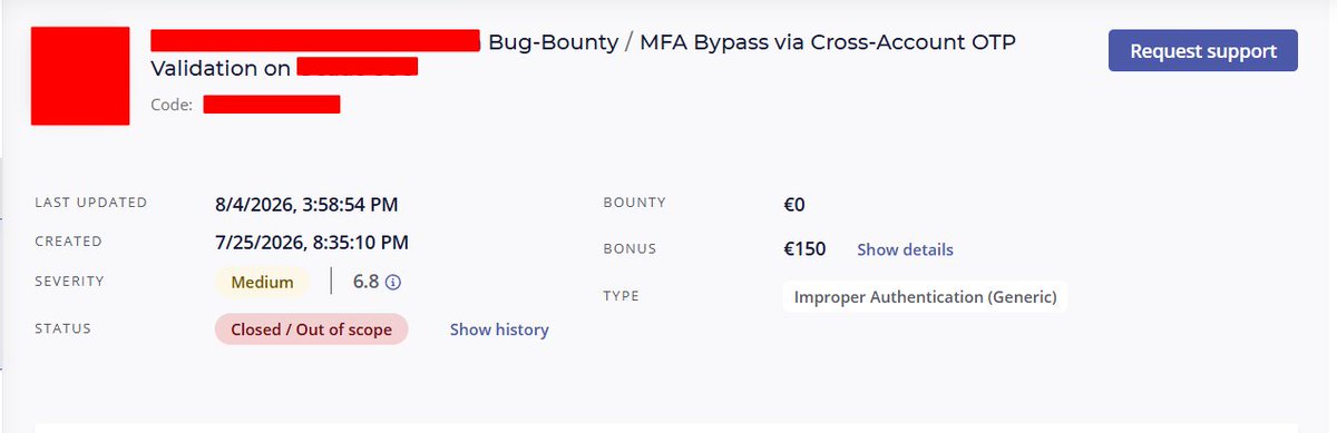 scar7c's tweet photo. Found a 2FA bypass, but it was out of scope since the SaaS provider doesn't control auth. Still, they were nice enough to award a €150 bonus on @intigriti . 🙌 https://t.co/EcyOV7fkWr