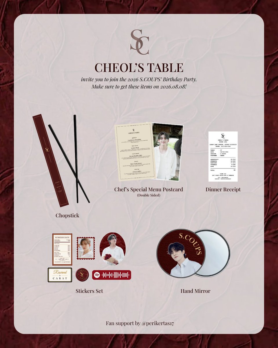 perikertas17's tweet photo. ✨ S.COUPS BIRTHDAY ONLINE FREEBIES ✨
by @perikertas17 

How to claim:
📅 2026.08.08 on 19.10 WIB
➡️ CO https://t.co/wgknUe6Jr9
➡️ RT &amp; like this post!
➡️ Write usn X on notes (only Carats &amp; Couprang, mulfand✅)
✅ multiple qty is allowed

Tag me if you get it❤️ https://t.co/tOwZjvcDMa