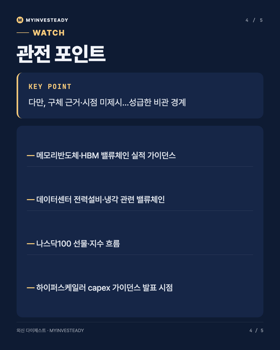 steady229's tweet photo. 데이터센터 투자와 증시 부의 효과가 미국 경제 성장을 이끌고 있는데, 이게 동시에 최대 취약점이라는 진단이 나왔어요. AI 붐이 꺼지면 어떤 일이 벌어질지 심층 취재를 예고했더라고요.

이 구도, 사실 한국 반도체 투자자한테는 남 얘기가 아닙니다. 국내 메모리·HBM 밸류체인이 지난 1~2년 해외 하이퍼스케일러들의 데이터센터 capex 사이클에 그대로 연동돼 움직여왔거든요. 오늘 새벽 나스닥100 선물이 S&P·다우 대비 눈에 띄게 강세였던 것도(+0.62% vs +0.10%, +0.09%) AI/빅테크 쏠림이 여전하다는 신호로 볼 수 있고요.

관건은 이 엔진이 언제 꺾이느냐인데, 하이퍼스케일러 capex 가이던스가 둔화 신호를 보이면 국내 반도체·데이터센터 전력설비 밸류체인부터 밸류에이션 조정이 올 가능성이 있어요. 다만 아직은 구체적 근거나 시점 제시 없이 "탐구 예고" 수준이라 성급한 비관은 이릅니다.

그래서 저는 하이퍼스케일러들 capex 가이던스 발표 타이밍이랑 국내 HBM 밸류체인 실적 모멘텀을 다음 체크포인트로 보고 있어요 📊