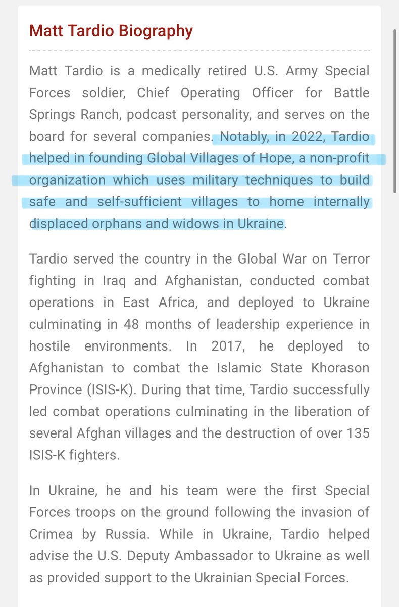 Villgecrazylady's tweet photo. Why is it that every last one of these shady as hell, diehard Israel-First military men seems to be running a sham “orphanage” or “anti-human trafficking” nonprofit in a war-torn foreign country?

Tardio’s Global Villages of Hope reports raising $378,000 in 2022. They spent $196,000 that year on “program expenses” which was like $88k on travel and $30k on management and the rest on bullshit. 

The next year they raised $0 and gave a $100k grant to the Marine Reconnaissance Foundation, which has fuckall to do with orphans in Ukraine but whatever, and then in 2024 they spent the remaining money on “program services” with zero itemization.