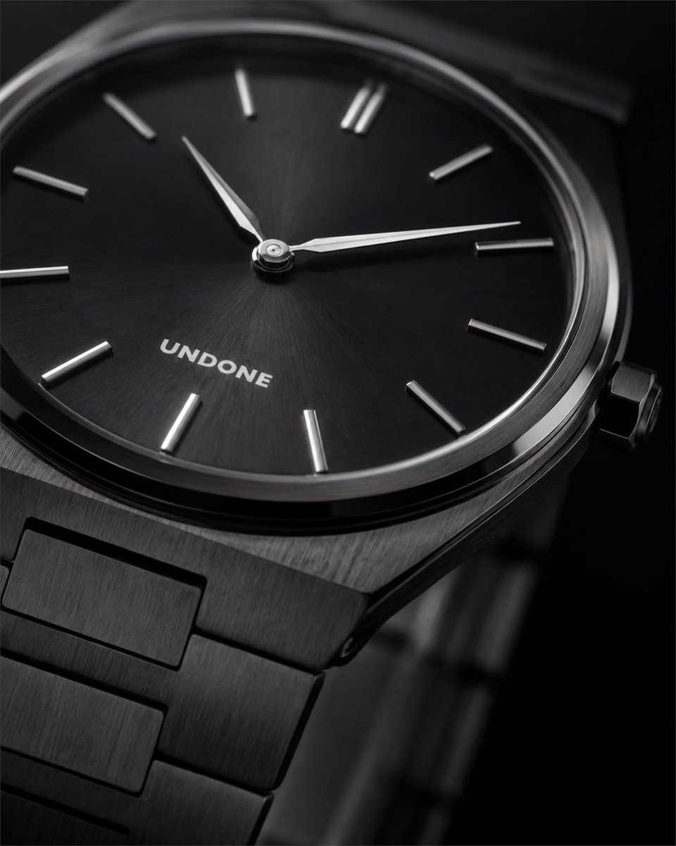 undone_japan's tweet photo. わずか4.9mm。
存在感まで削ぎ落とした、フルブラック。
薄く、軽やかに。
それでも、手元には確かな個性を。

 https://t.co/B71LSijtJ2
#UNDONE #SlimWatch #腕時計 https://t.co/k7MPMAlXRa