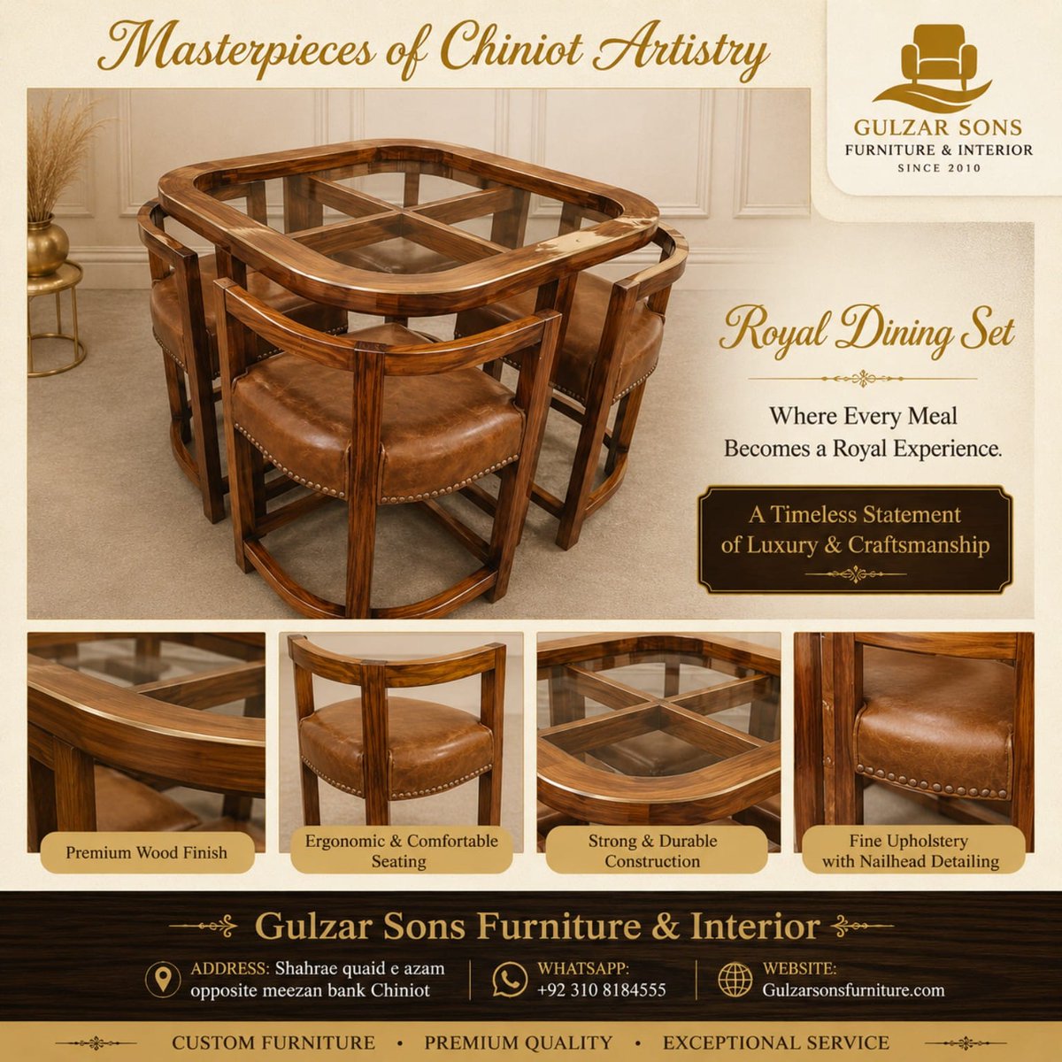 Gulzarsonsdecor's tweet photo. Premium wood. Glass top. Nailhead chairs. All four tuck inside the frame.

Our Royal Dining Set — space-saving, luxury, built in Chiniot.

Where every meal becomes a royal experience. Since 2010.

📲 0310 8184 555
🌐 https://t.co/ZzugEbJsNF
#ChiniotiFurniture #RoyalDiningSet #GlassTopDining #NailheadChairs #GulzarSons

RT if this belongs in your dining room. 🍽️