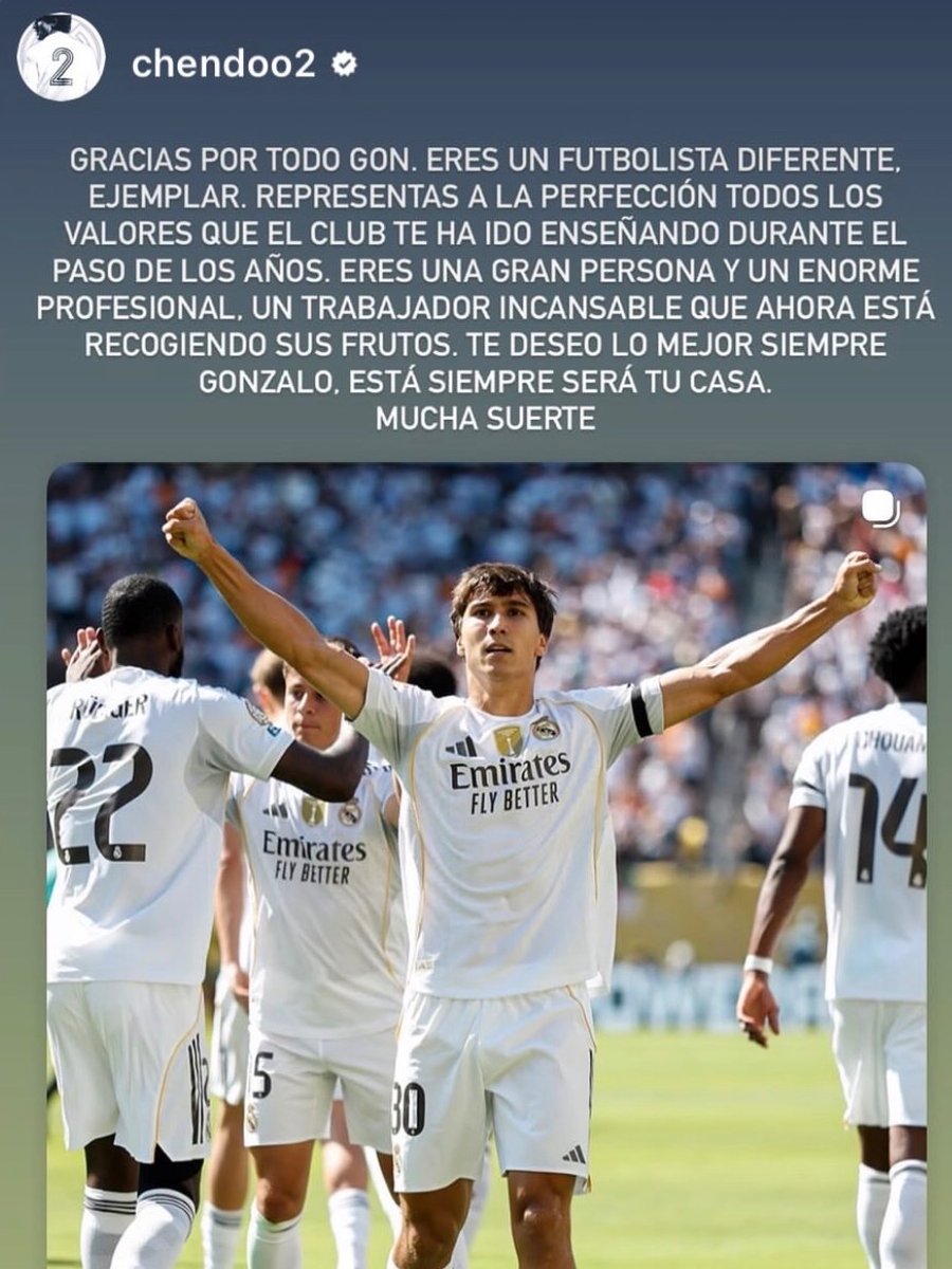 MadridXtra's tweet photo. 🤍🥹 Chendo on IG:

“Thank you for everything, Gon. You are a different kind of footballer—an exemplary one. 

You perfectly represent all the values that the club has taught you over the years. You are a great person and a true professional, a tireless worker who is now reaping the rewards of all your effort. 

I wish you nothing but the best, Gonzalo. This will always be your home. Good luck.”