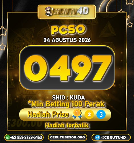 Cerutu4D_r3sult's tweet photo. RESULT
PASARAN : PCSO
TANGGAL : 04 AGUSTUS 2026
RESULT : 0497 !!!
SHIO : KUDA
#cerutu4d #resultpcso #resultterpercaya #resulttogel #keluarantogel #angkatogel https://t.co/v7Ohsb8T1k
