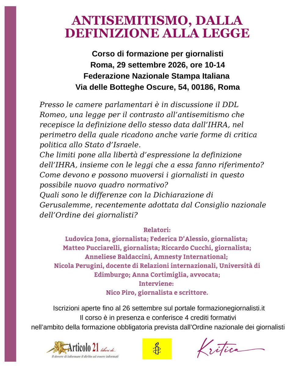 federdale's tweet photo. Insieme con @_Nico_Piro_ @ludojona @il_pucciarelli @PeruginiNic @BaldacciniAnne @CucchiRiccardo e Anna Cortimiglia, il 29 settembre in un corso di formazione per giornalisti faremo il punto sul DDL Antisemitismo attualmente in corso di esame presso la Camera dei Deputati, e sulla definizione IHRA di antisemitismo che ne rappresenta la base.

Link per iscriversi per i colleghi e colleghe: 
https://t.co/1qxt7sDs9K