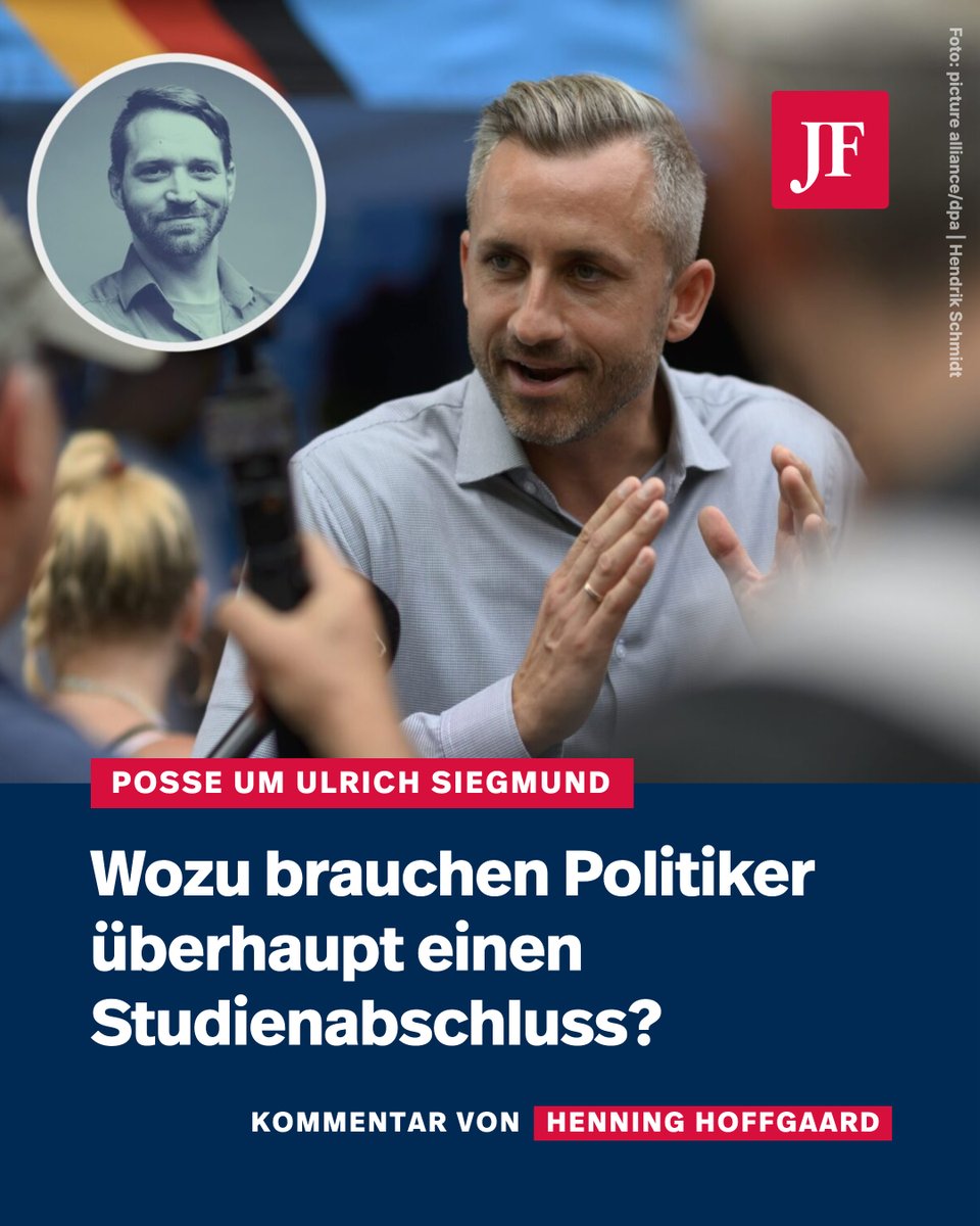 jungefreiheit's tweet photo. Erst hieß es, Ulrich Siegmund habe vielleicht keinen Studienabschluss. Als der vorliegt, wird bezweifelt, dass man an einer Fernuni überhaupt etwas lerne. Dabei lässt sich aus der Debatte eine ganze Menge lernen: über die Arroganz der Macht zum Beispiel.
https://t.co/3lmYV0rOUl https://t.co/YK88oRSyhV
