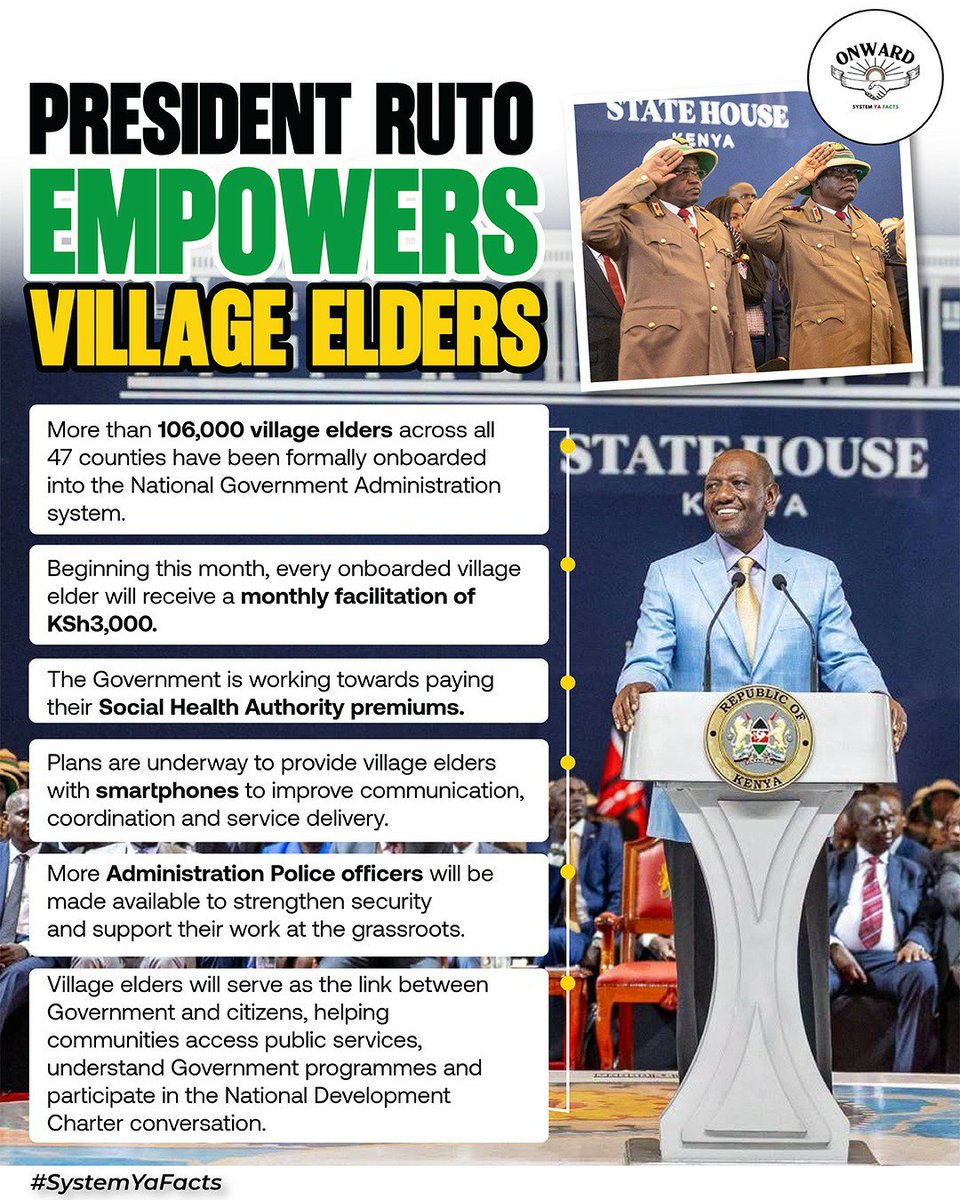 AfricaElite_'s tweet photo. Healthcare & digital access for community leaders: The Government is working to cover SHA premiums and equip village elders with smartphones to enhance local service delivery. #SystemYaFacts #VillageEldersEmpowered https://t.co/X4CssCUQdr