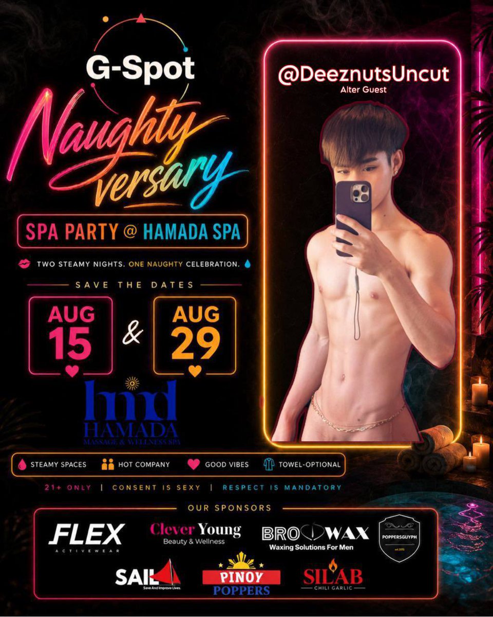 DeezNutsUncut's tweet photo. See you at @grinderph_grp Naughtyversary this August 15 & 29! 🔥

I’ll be there as one of the Alter Guests, so if you’ve been wanting to meet me or just want to have a fun night with good people, this is your sign. 😉

For inquiries send a message to @jamezamezz | @rhy_mc | @oshverss

Access the events hub: https://t.co/ppm7VnEPAI

Tara? See you at Hamada Spa! 💦❤️