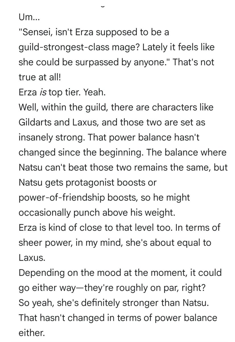 subordone's tweet photo. #FairyTail
#FairyTail100YearsQuest

from mashima space today

For the thousandth time, Mashima brings up the power balance of Erza, Laxus, Gildarts, and Natsu again:
The power balance remains unchanged, and Erza and Laxus are on par with each other." https://t.co/nUqSdmQYxa