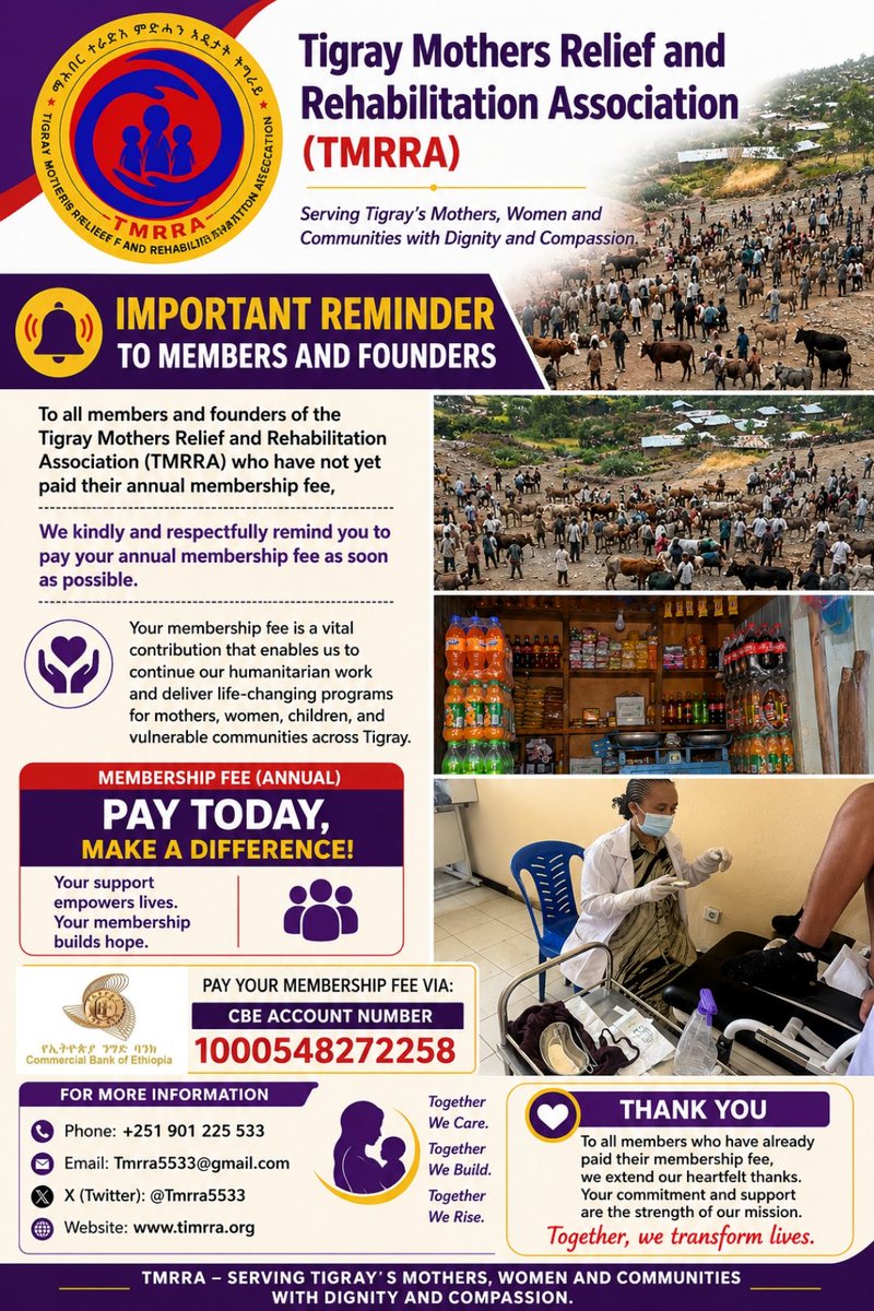Tigray21Ginbot's tweet photo. Every annual membership fee strengthens TMRRA's mission to support vulnerable mothers, women and girls across Tigray. If you haven't renewed your membership yet, please do so today. Together we create lasting impact.
#SupportTMRRA
@BurbridgeDuke https://t.co/j6uJZKXB1d