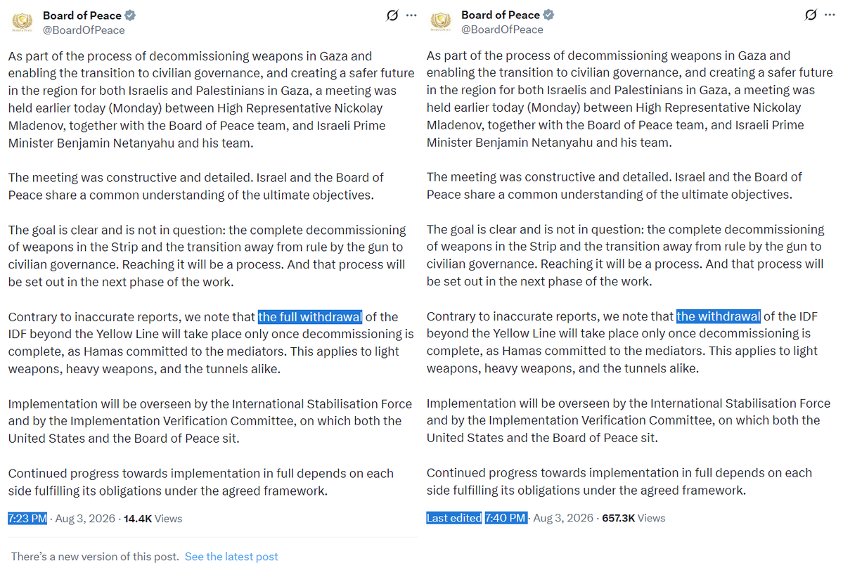 MartinKonecny's tweet photo. Trump's Board of Peace yesterday, after meeting with Netanyahu, completely shifted terms of its own Gaza roadmap, saying IDF withdrawal comes only after Hamas fully disarms.

As if not enough, it then removed the word "full" from "full withdrawal of the IDF" in its own tweet. https://t.co/vSQGTRsHpP