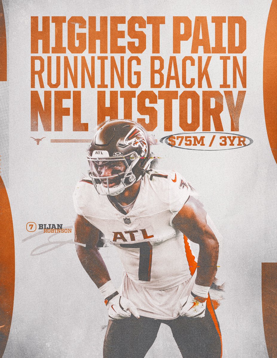 TexasFootball's tweet photo. The league's most productive player is now the highest-paid RB in NFL history 🤘

@Bijan5Robinson x @AtlantaFalcons https://t.co/98OJU71otG