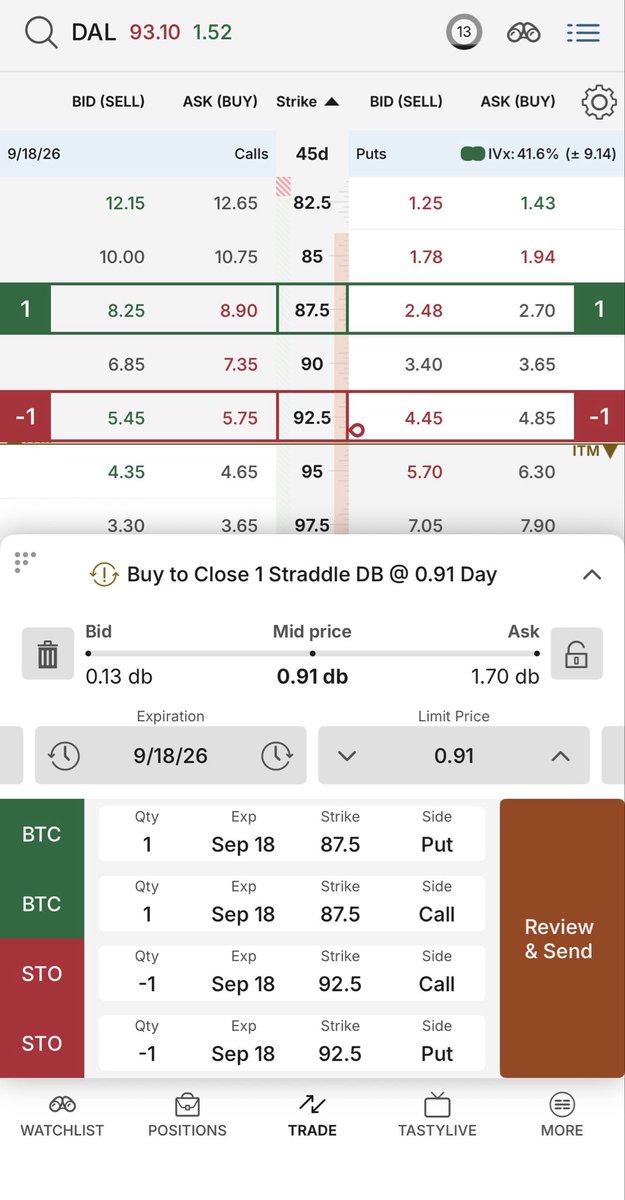 rc2553's tweet photo. @TraderMikeyB hey Mike I have a 87.5 straddle with 4.91 in credit after adjusting my strangle. I followed these steps trying to move the straddle up toward ATM, but can’t do so for credit. Also cant make it a strangle w/ an ITM put like you had suggested for a scratch https://t.co/Cc4g5kCxml