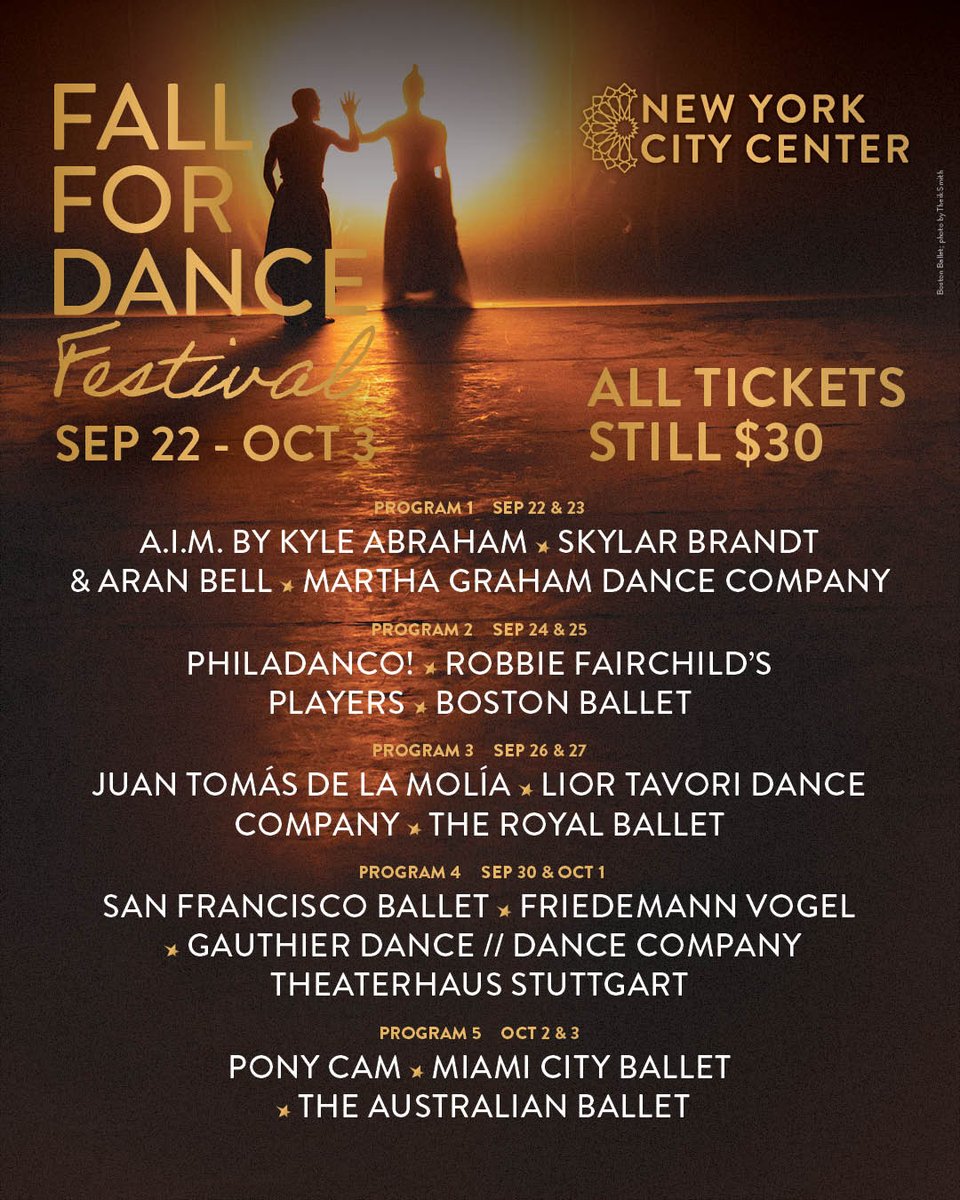 NYCityCenter's tweet photo. Fall for Dance Festival is BACK. Sep 22 – Oct 3.

11 premieres. Seven international companies. All tickets $30.

Tickets go on sale Sun Aug 30 at 11am. https://t.co/sig7y6A3T8