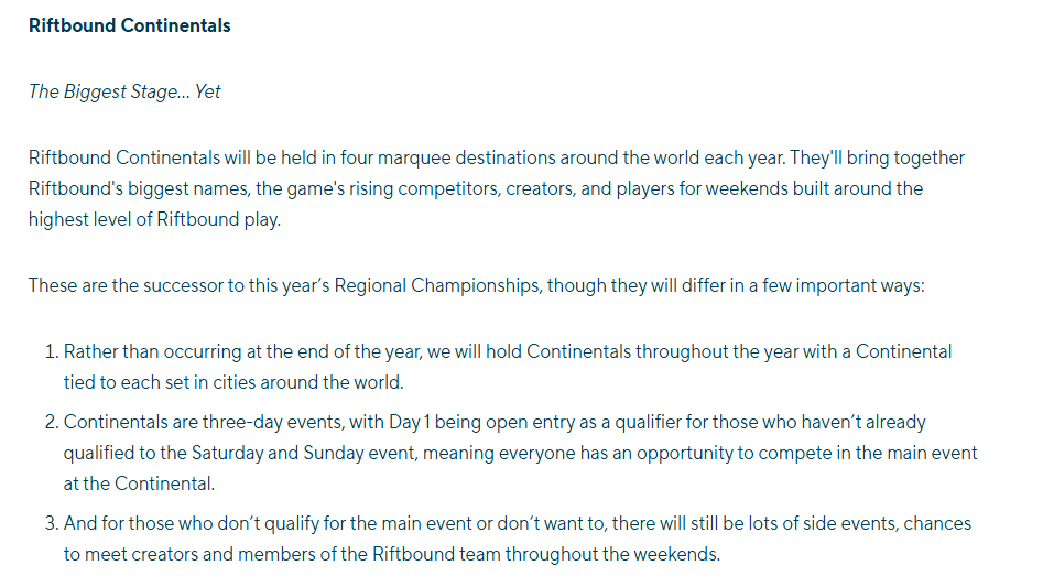 RiftboundReport's tweet photo. Riftbound Continentals (previously known as the Regional Championships)

- Will take place multiple times a year, each set in cities around the world. 
- Will have an open entry qualifier on Day one for those who haven't already qualified!

#RiftboundContinentals