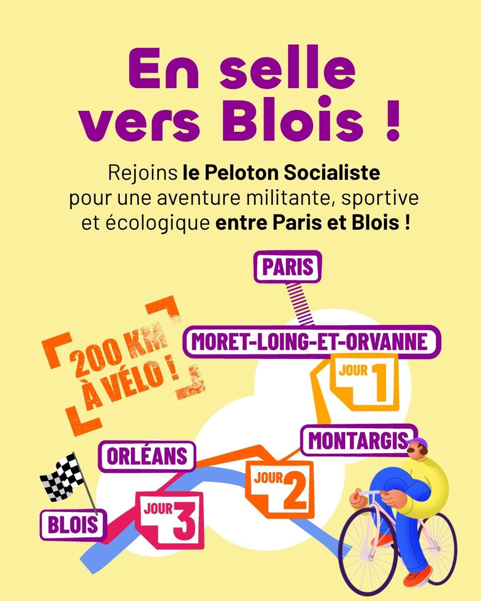 partisocialiste's tweet photo. Paris - Blois à vélo, ça te chauffe ? 🚲

C’est le projet du Peloton socialiste qui prévoit, en 3 jours et 200 km, de se rendre au CamPuS.

☀️ Si ça t’intéresse, le lien pour participer est dans la bio ! https://t.co/HC29toNnXt