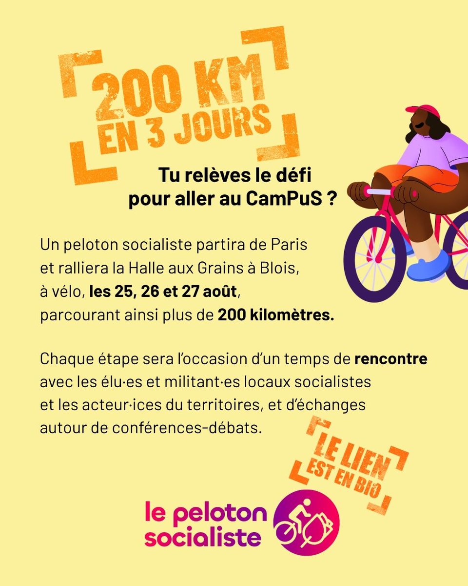 partisocialiste's tweet photo. Paris - Blois à vélo, ça te chauffe ? 🚲

C’est le projet du Peloton socialiste qui prévoit, en 3 jours et 200 km, de se rendre au CamPuS.

☀️ Si ça t’intéresse, le lien pour participer est dans la bio ! https://t.co/HC29toNnXt