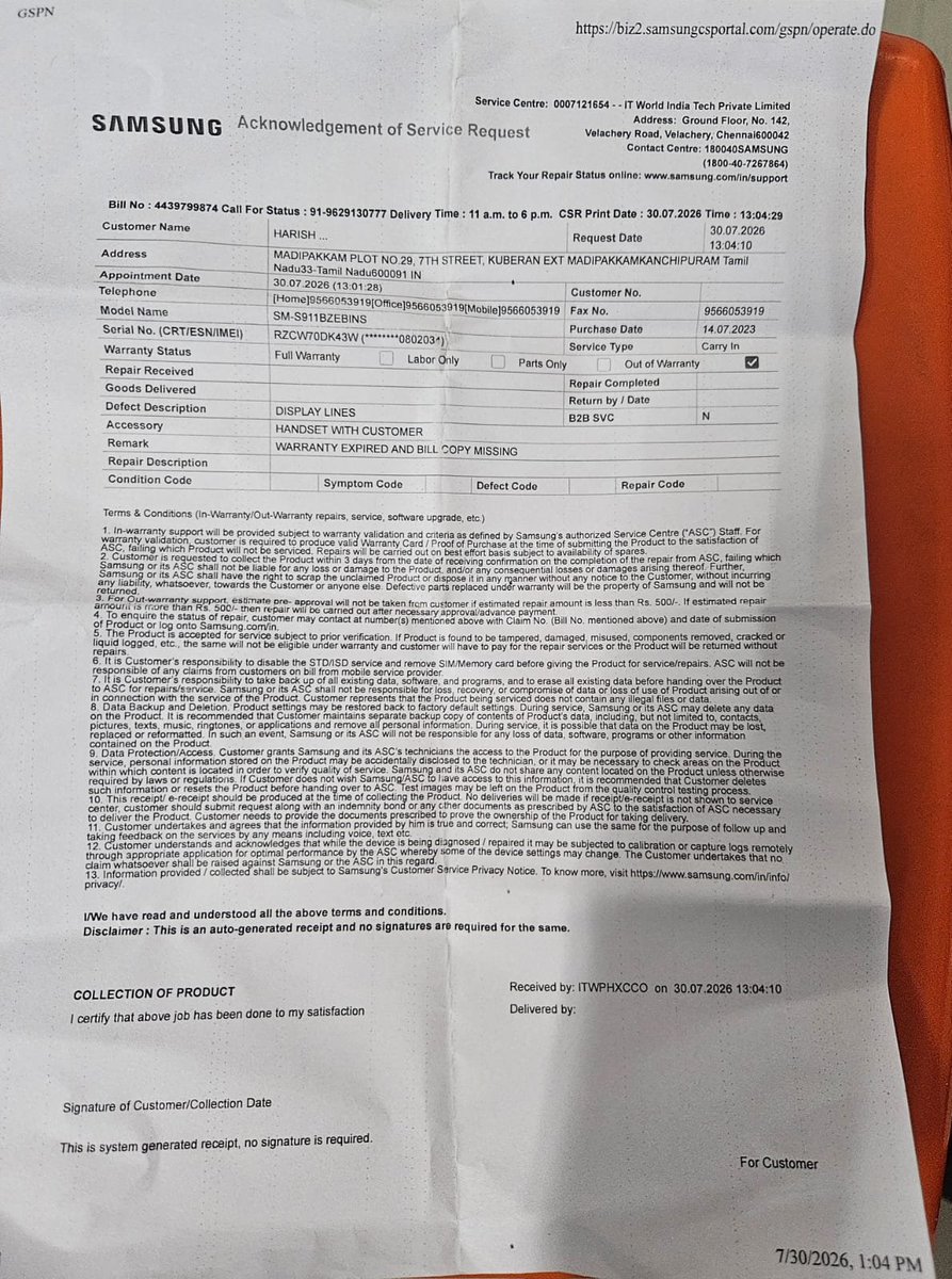 SHarishk_sandy's tweet photo. @SamsungIndia @SamsungMobile @Samsung @jagograhakjago
Update caused pink line on pristine Galaxy S23. Service center issued Job Card [4439799874] confirming ZERO physical damage. Yet desk blamed "pocket brightness" to deny repair due to a July 14 warranty lapse. https://t.co/ZOrSYsy4kN